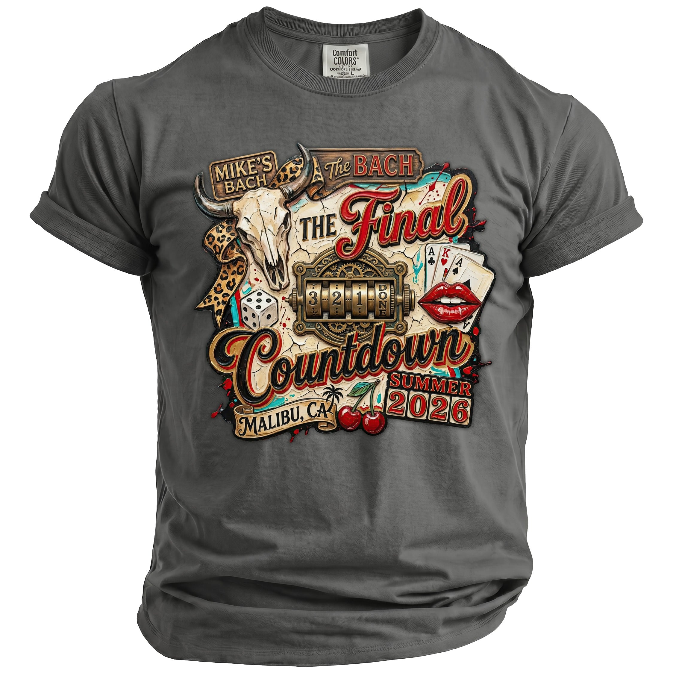 Bull skull, countdown timer, cards, and lips graphic on a grey t-shirt.