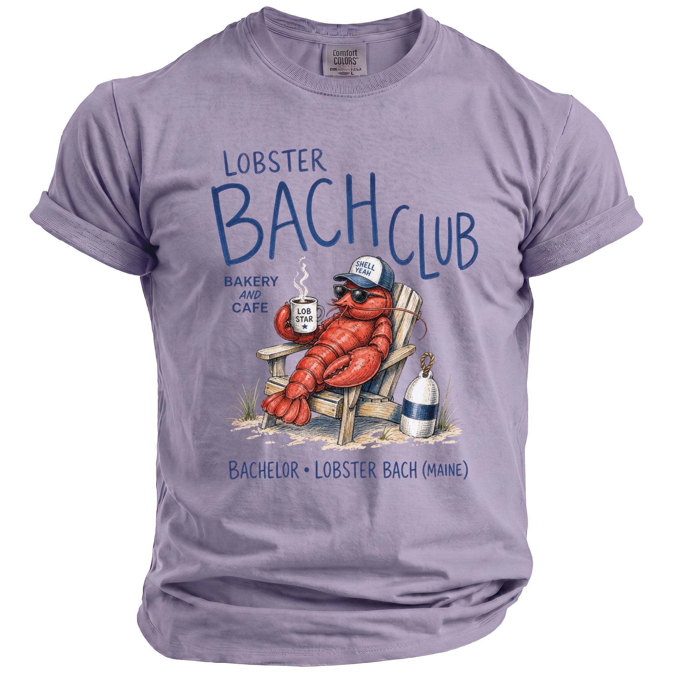 Lobster Bachelor Club Bakery Cafe graphic on purple Comfort Colors t-shirt.