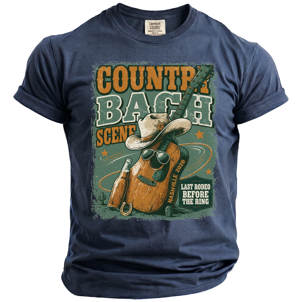 Retro t-shirt graphic with guitar, cowboy hat, sunglasses, and beer.