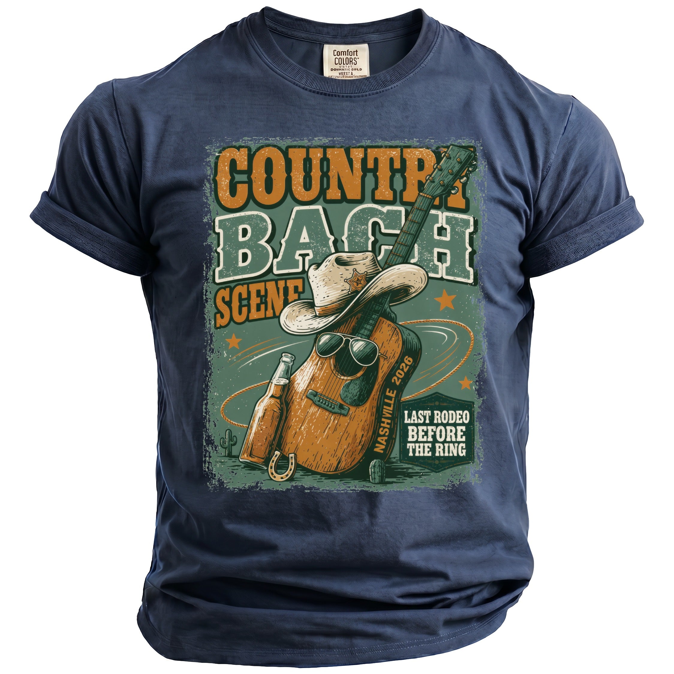 Retro t-shirt graphic with guitar, cowboy hat, sunglasses, and beer.