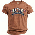 Brown t-shirt with "BEST MAN OFFICIALLY APPOINTED BACHELOR PARTY 2026" graphic.