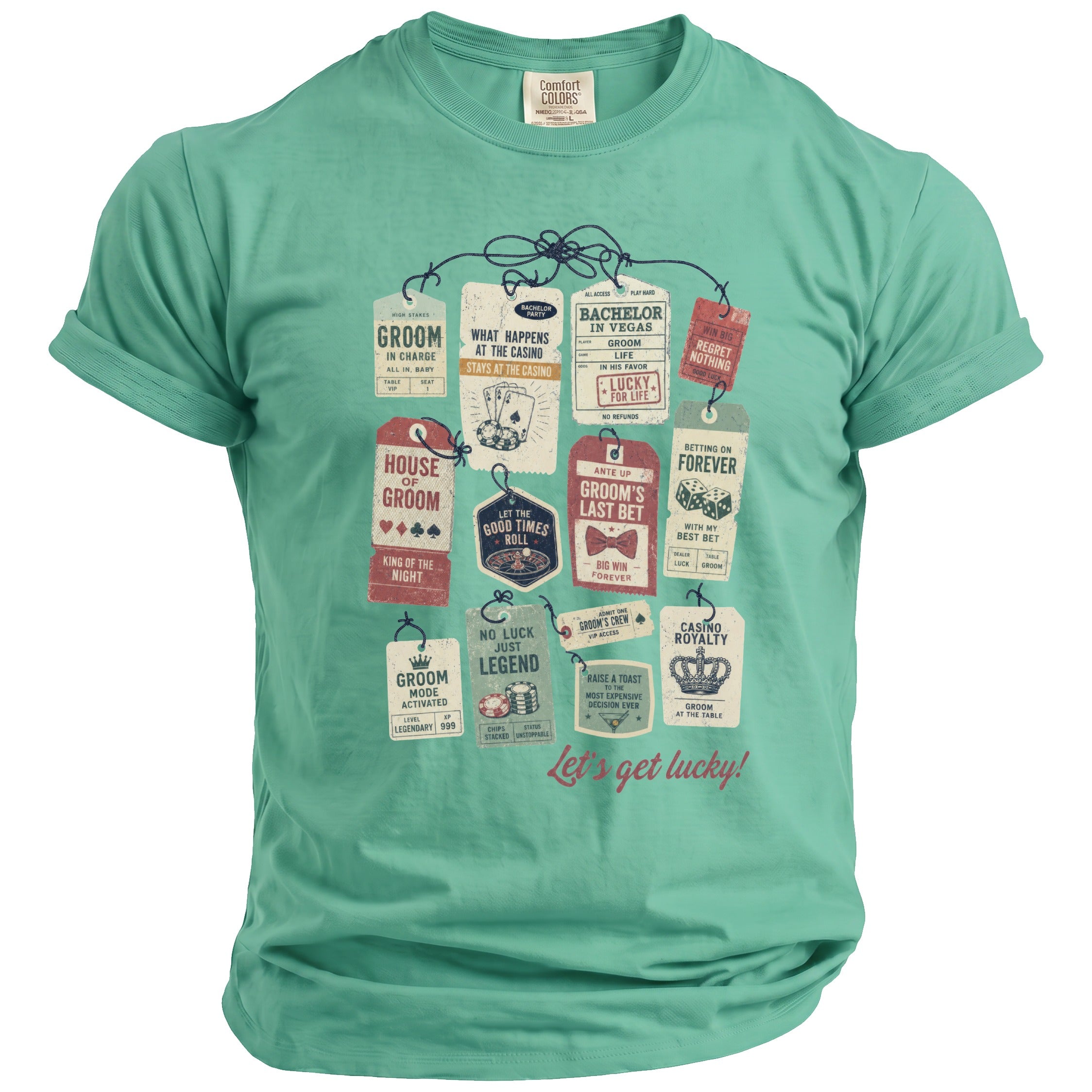 T-shirt with casino-themed tags for a bachelor party, featuring text like "Groom," "Bachelor in Vegas," and "Let's get lucky!"