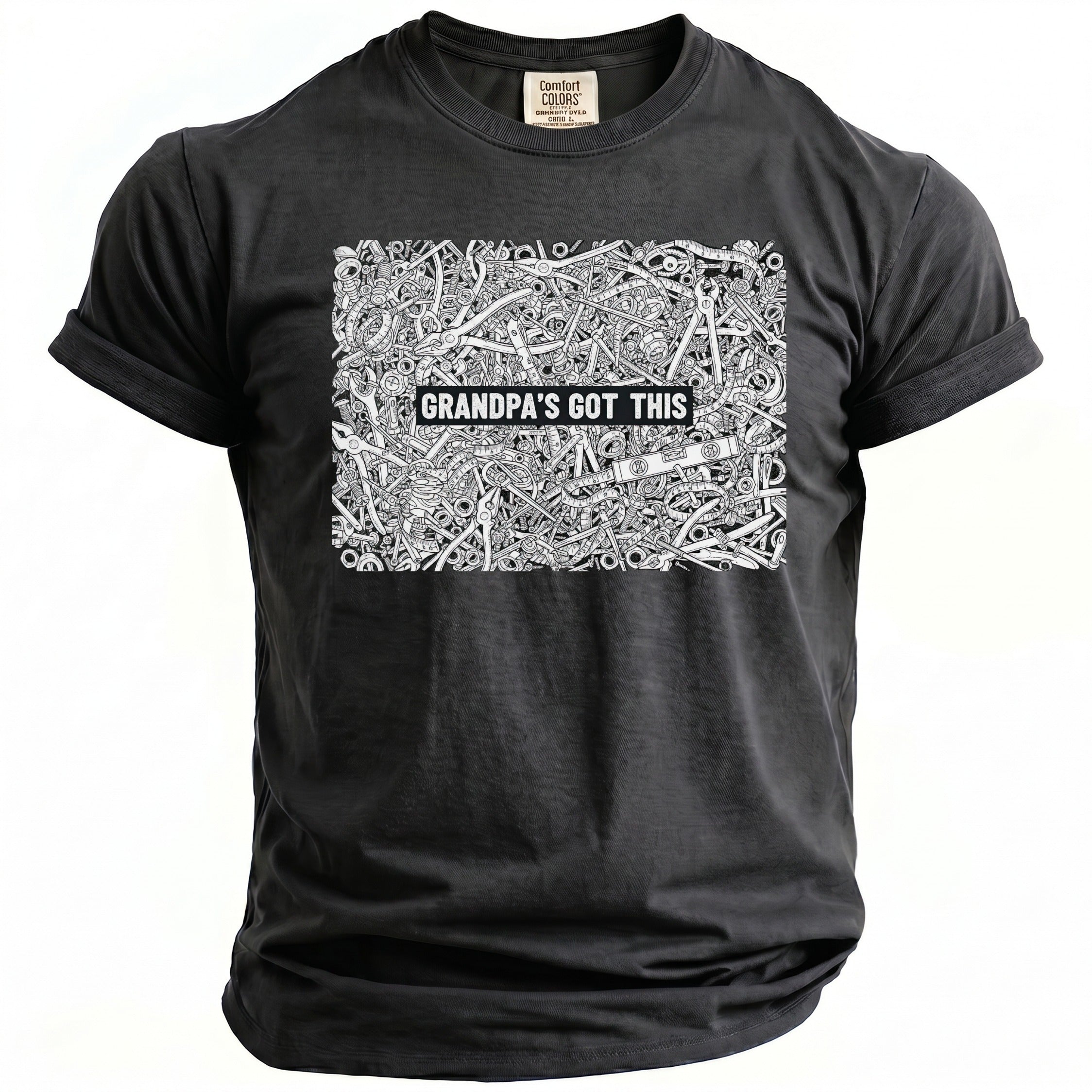 Charcoal t-shirt with black and white graphic of tools and text "Grandpa's Got This".