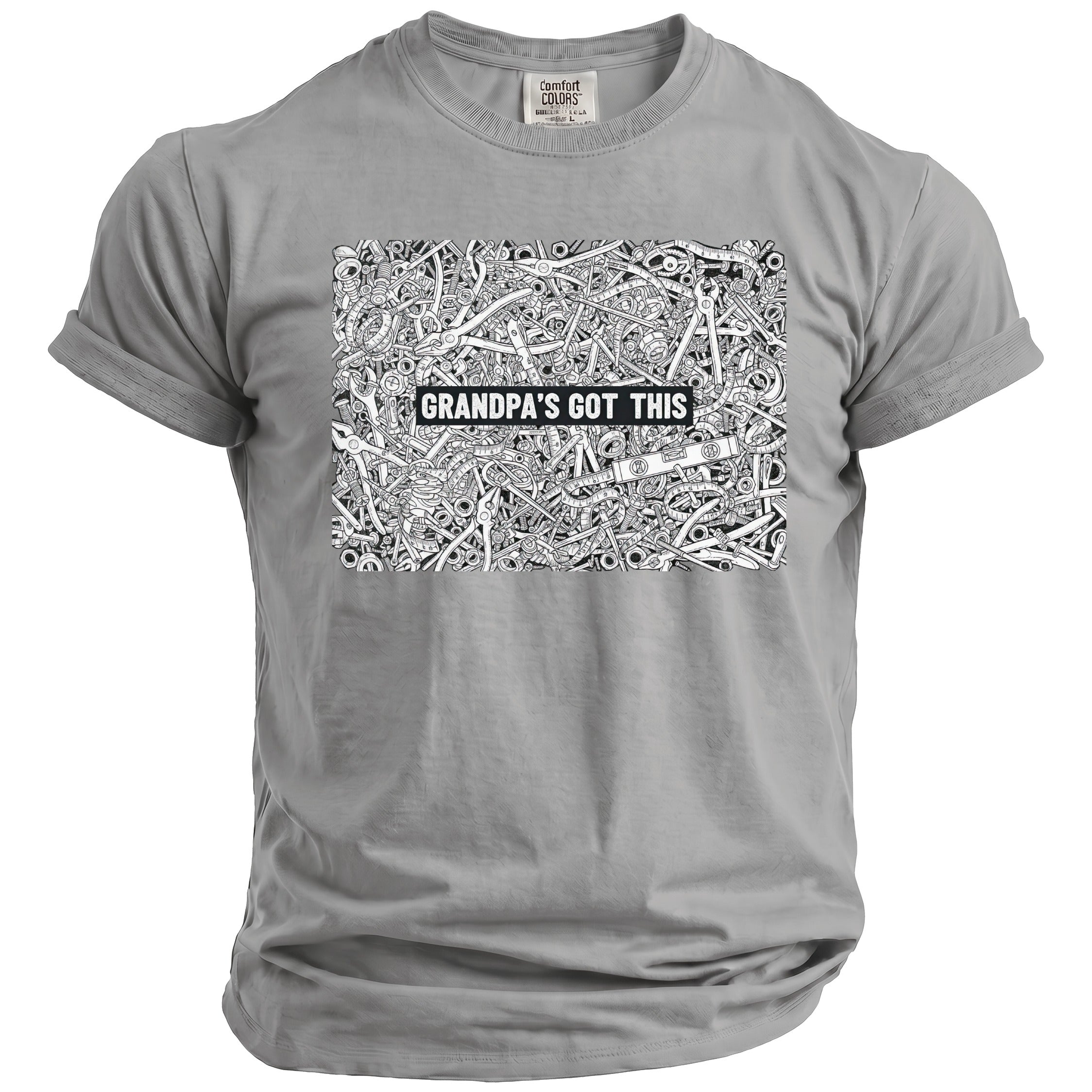 Grey t-shirt with "Grandpa's Got This" text over a detailed illustration of tools.