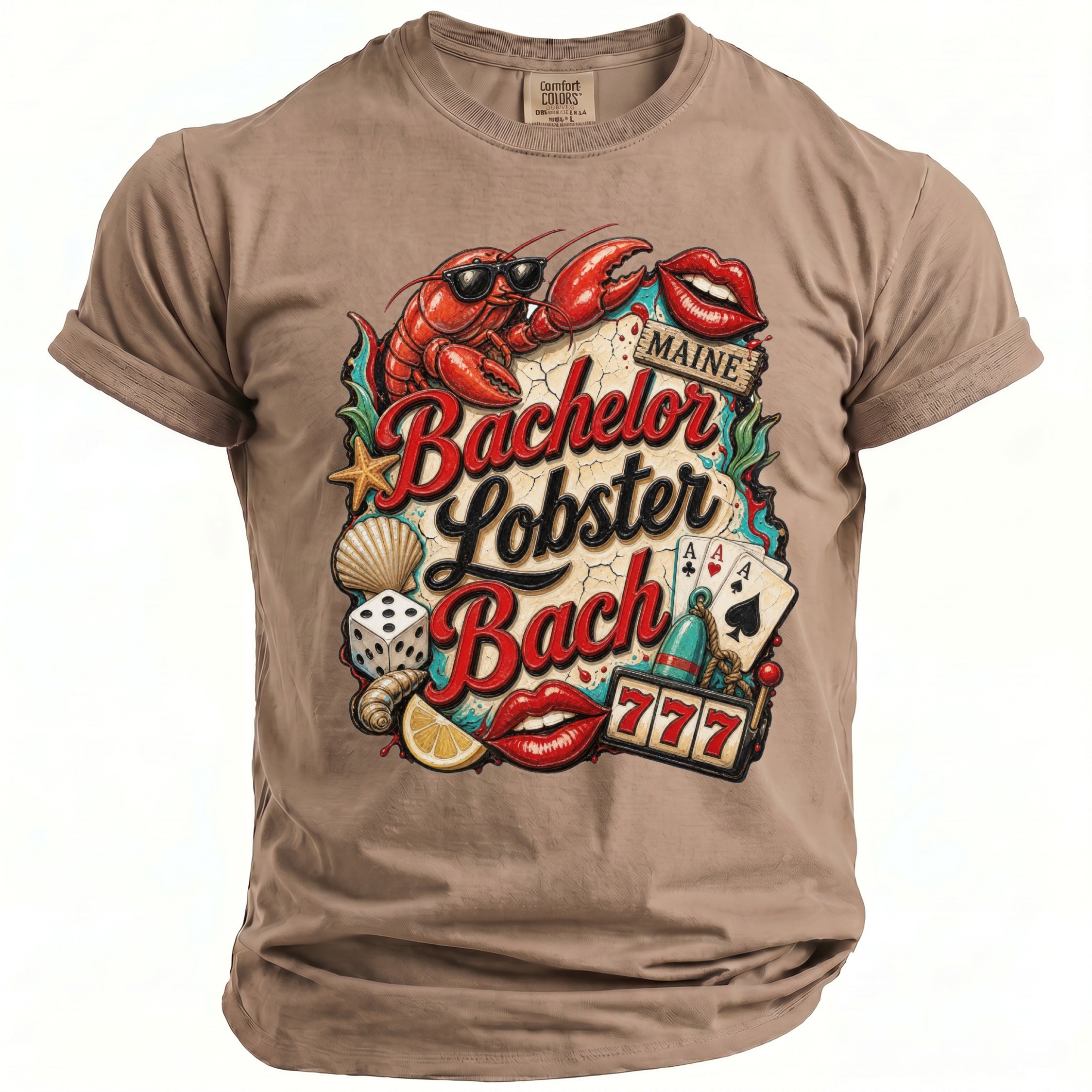 T-shirt with "Bachelor Lobster Bach Maine" graphic featuring a lobster, lips, dice, and cards.