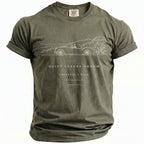 Olive green t-shirt with white line art of a convertible and text.