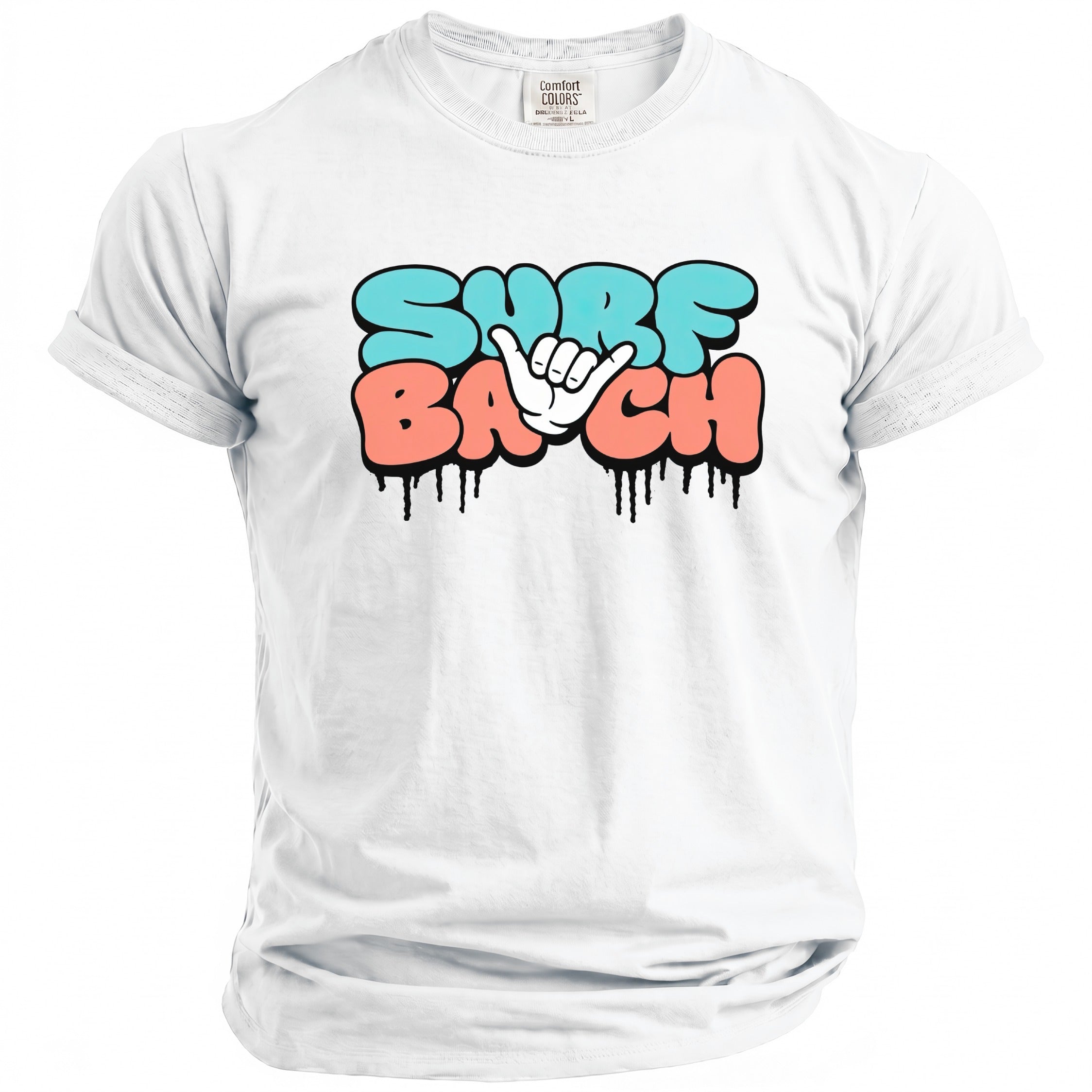White t-shirt with "SURF" and "BACH" in bubble letters and a hang loose hand symbol.