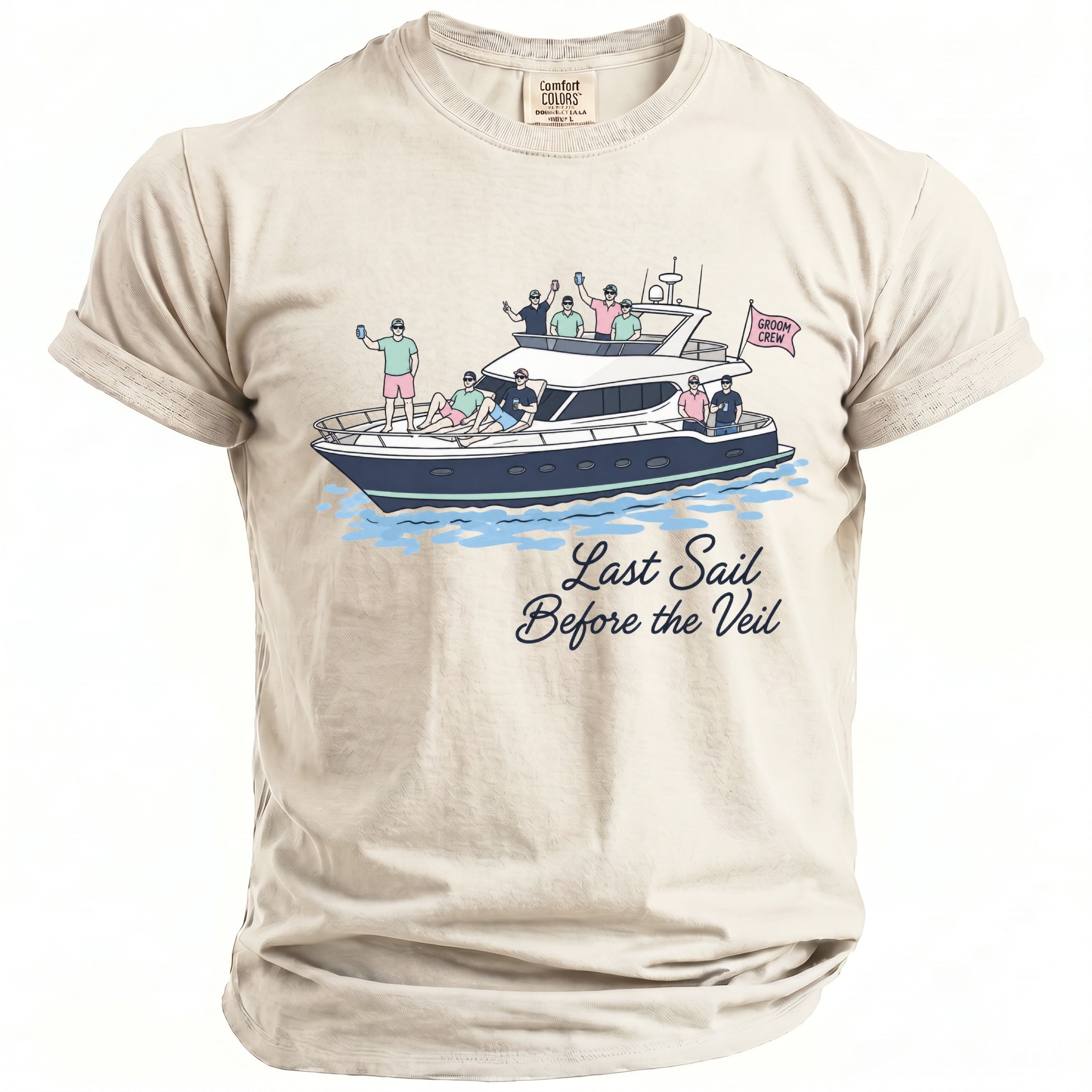T-shirt with "Last Sail Before the Veil" text and cartoon of men on a yacht.