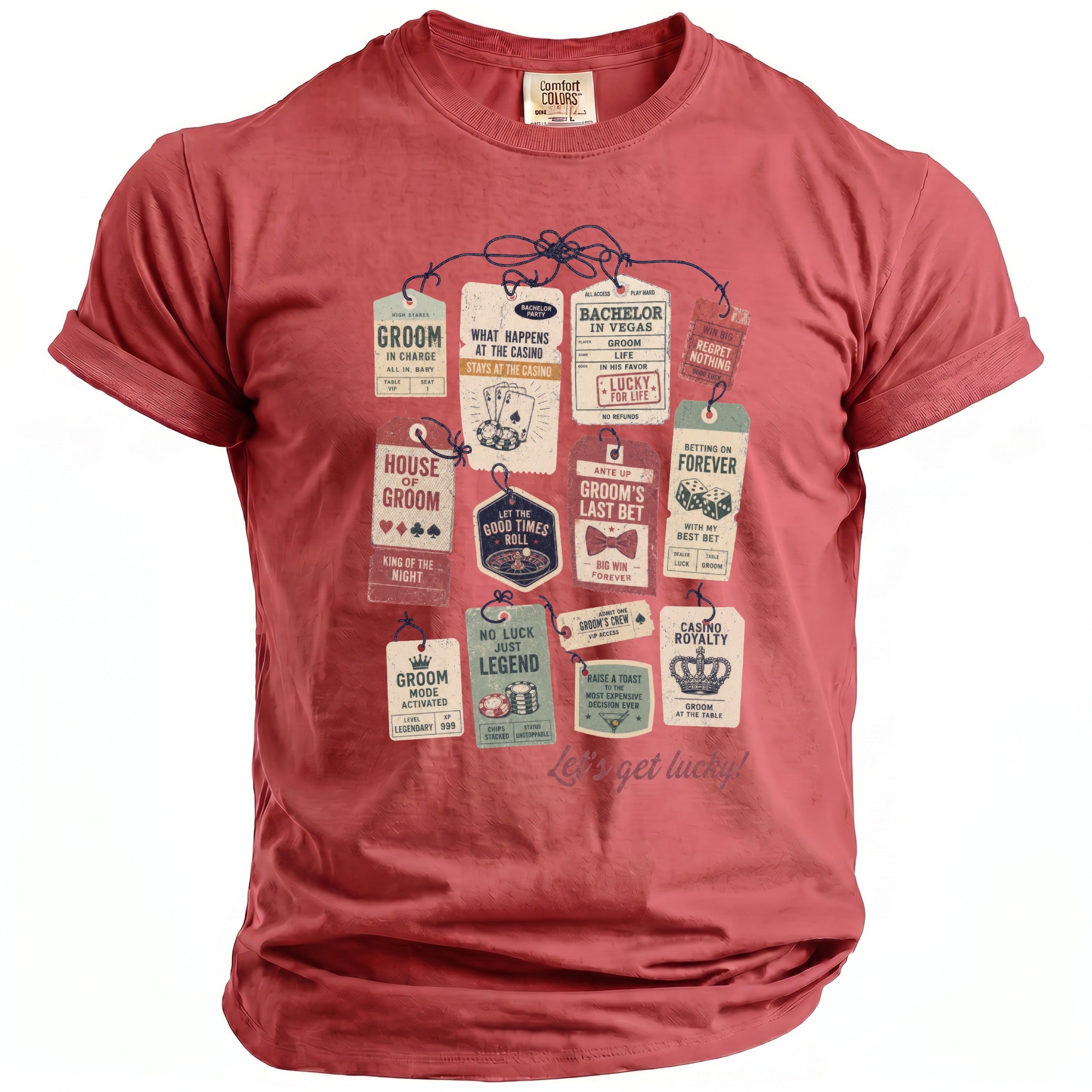 Red t-shirt with graphic of casino-themed tags for a bachelor party.