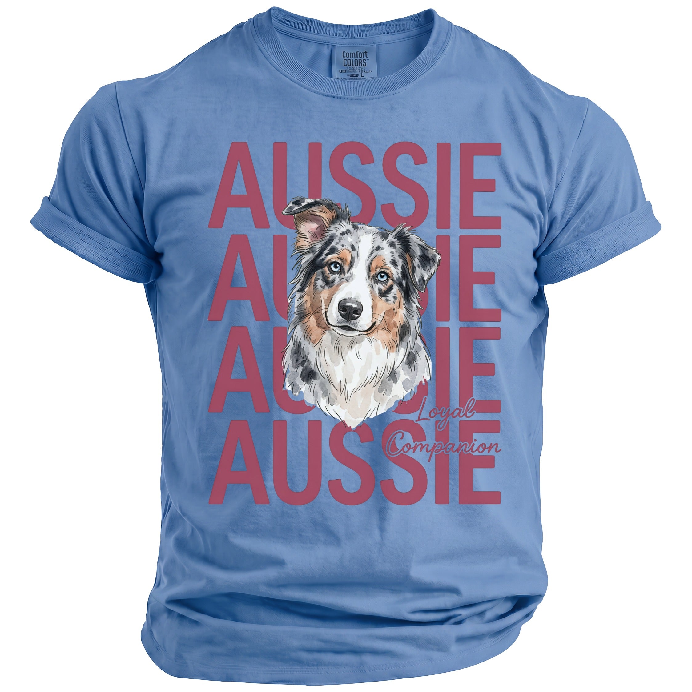 Blue t-shirt with watercolor Aussie dog and red text "Aussie Loyal Companion".