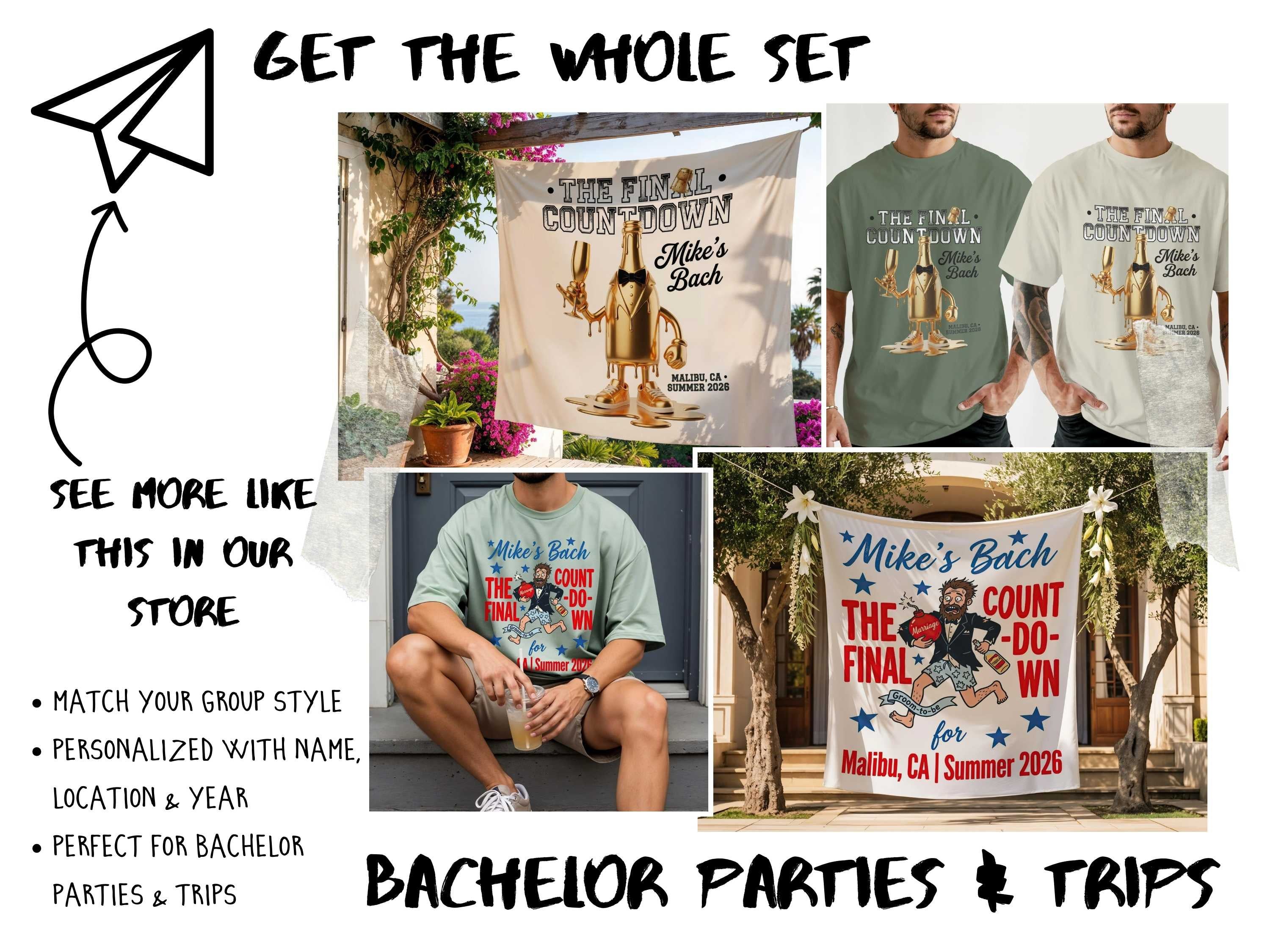 Bachelor party banners and t-shirts featuring a cartoon bridegroom and champagne bottle.