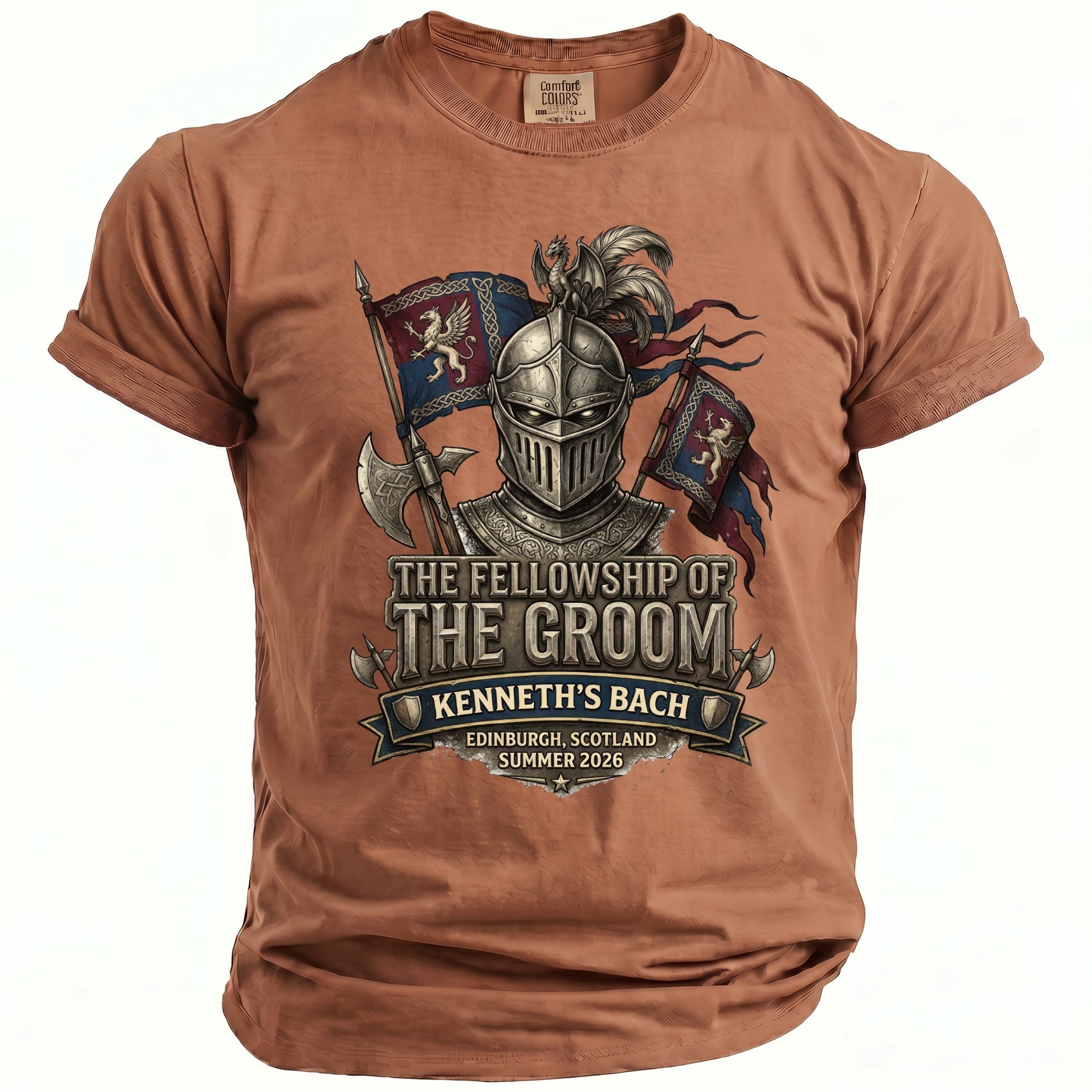 T-shirt with knight graphic, "The Fellowship of the Groom," and "Kenneth's Bach."