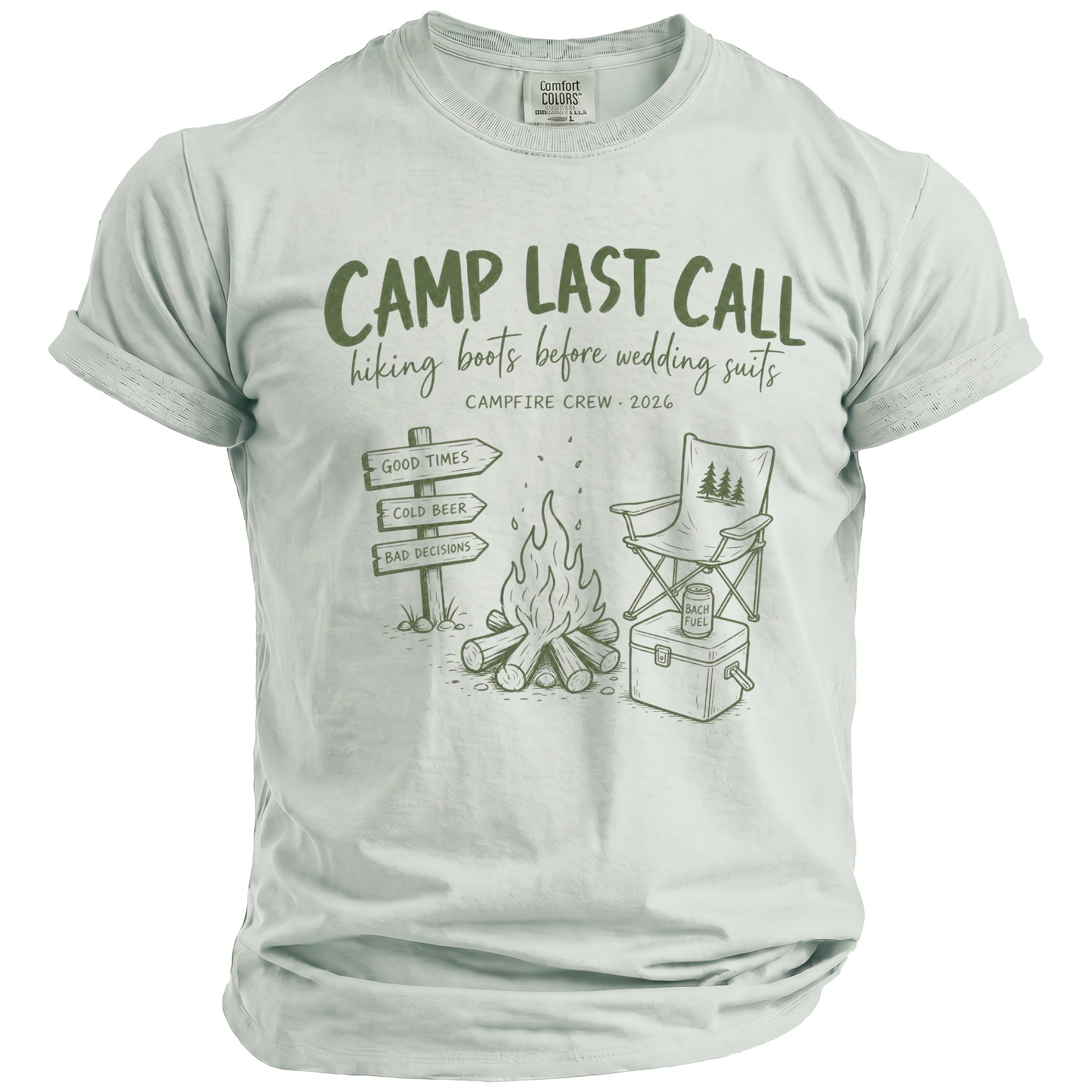 Camp Last Call hiking boots before wedding suits campfire crew 2026 design.