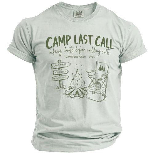 Camp Last Call hiking boots before wedding suits campfire crew 2026 design.