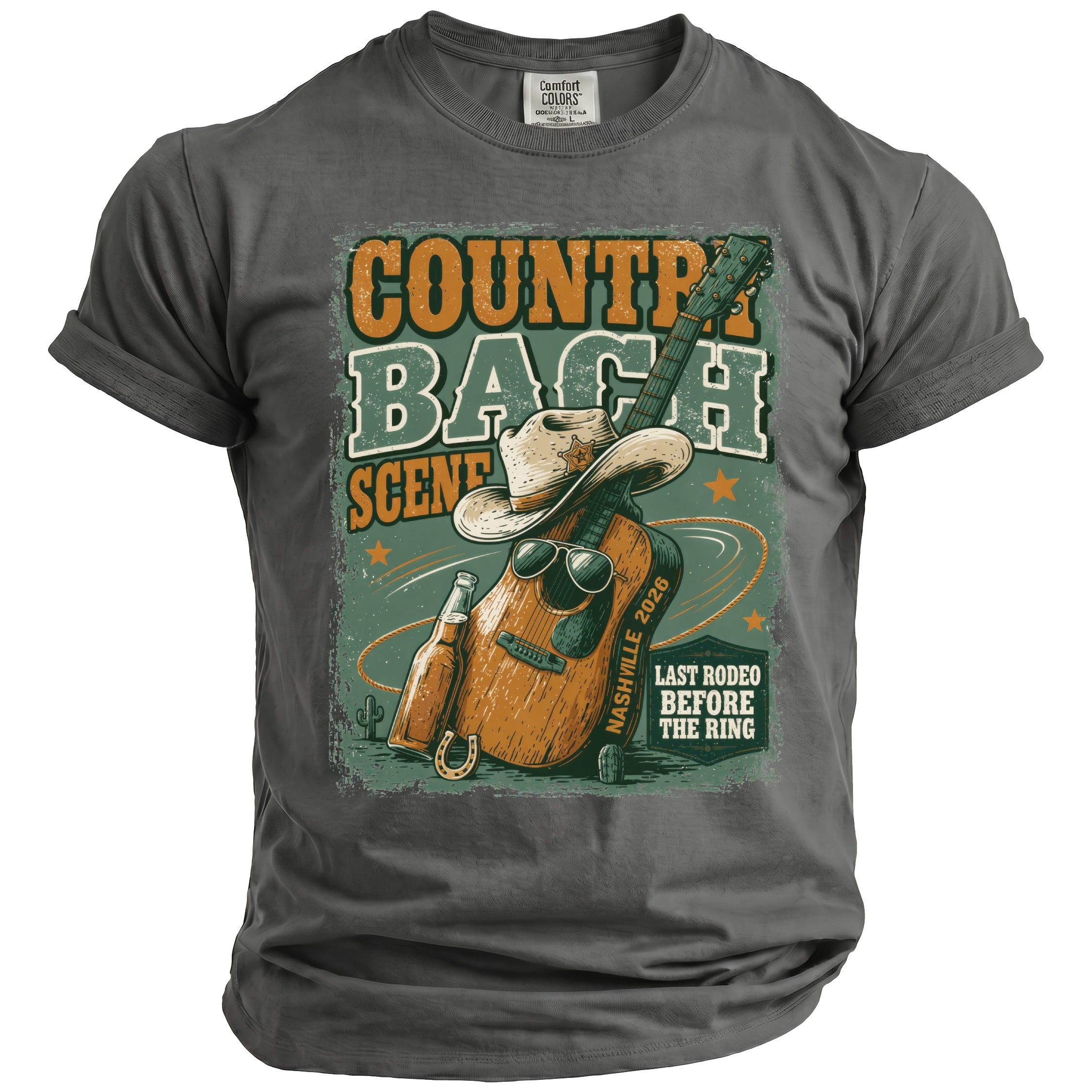 Country Bach Scene graphic with guitar, cowboy hat, beer, and text.