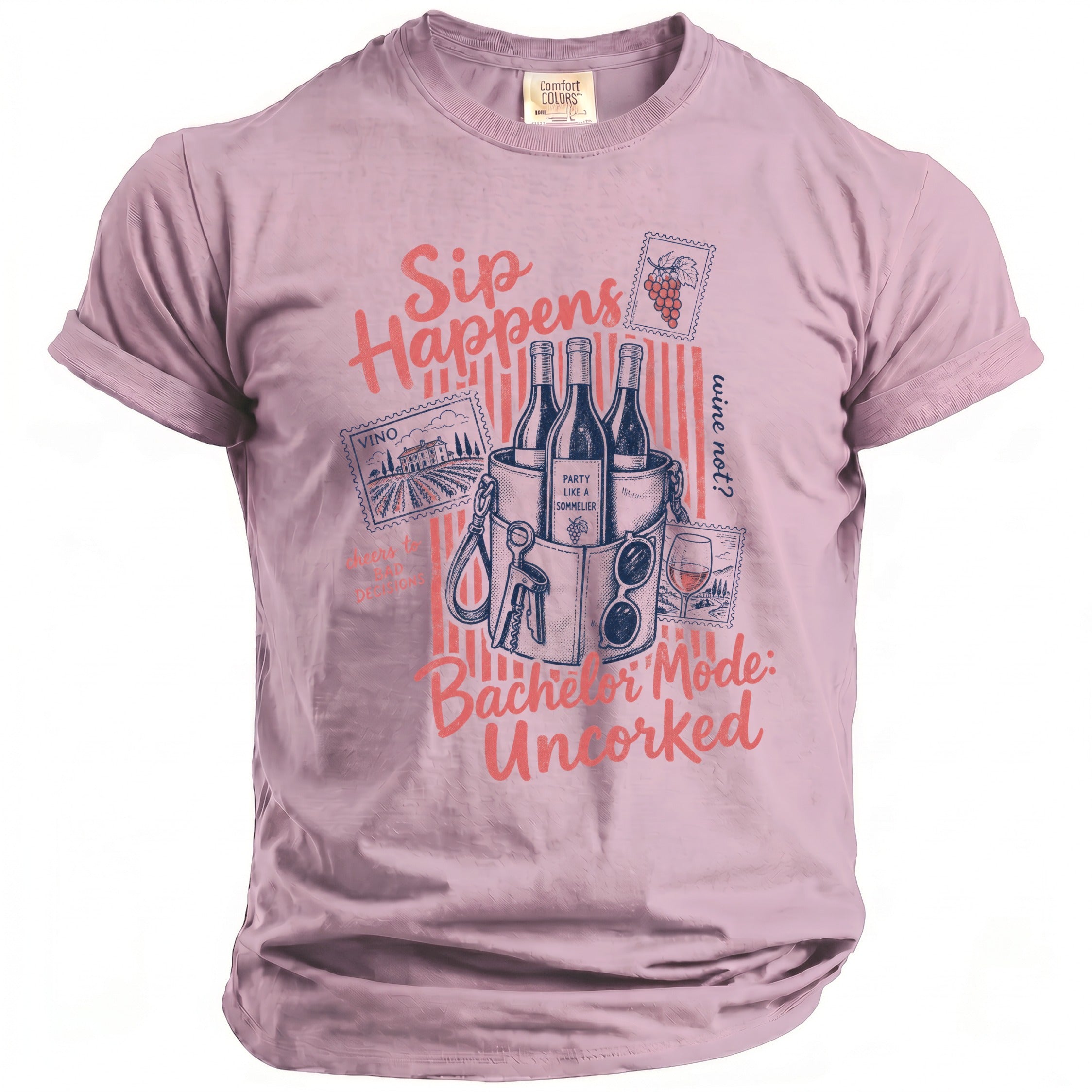 Purple t-shirt with "Sip Happens" and "Bachelor Mode: Uncorked" text.