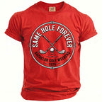 Red t-shirt with golf clubs, ball, and text for Bachelor Golf Weekend 2026.