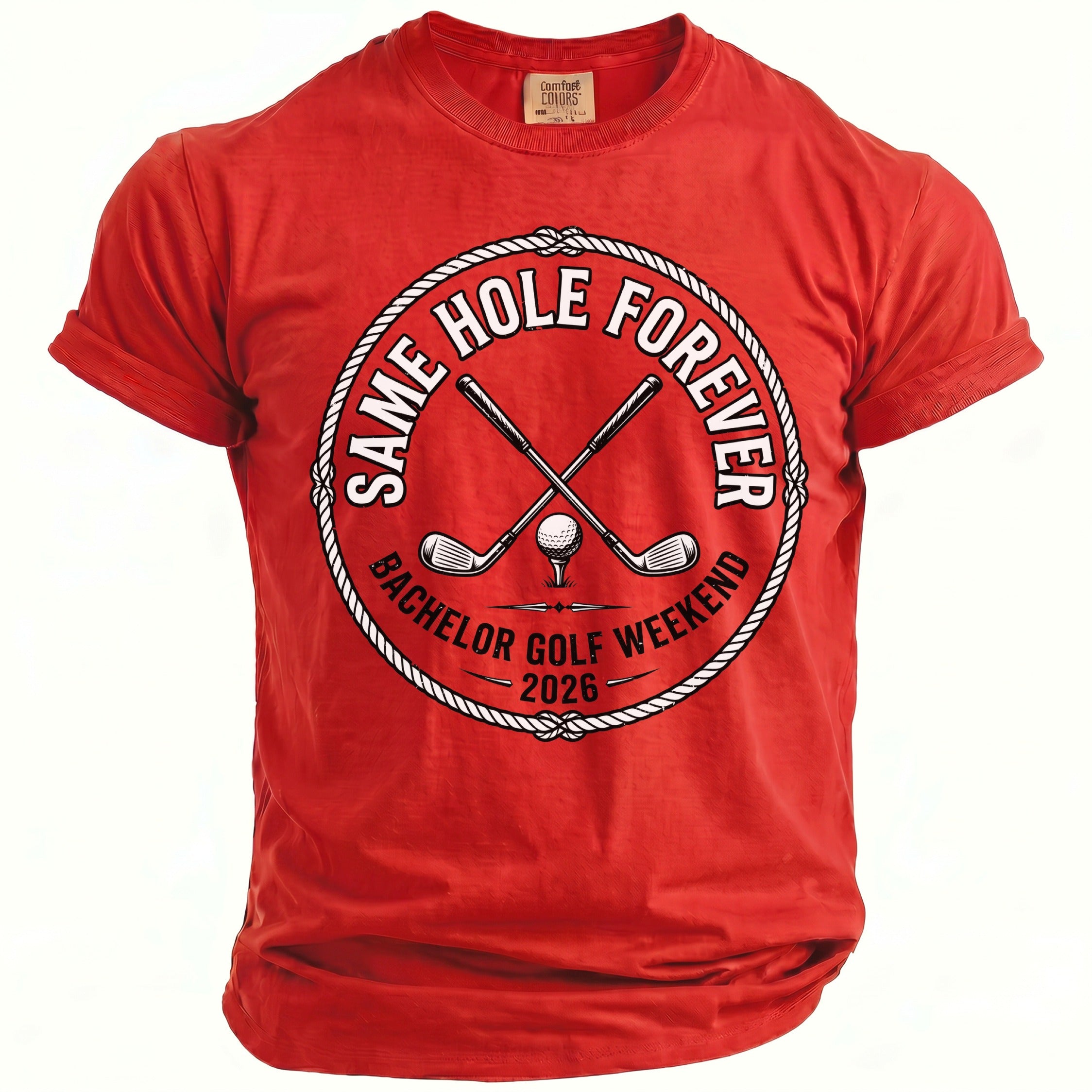 Red t-shirt with golf clubs, ball, and text for Bachelor Golf Weekend 2026.