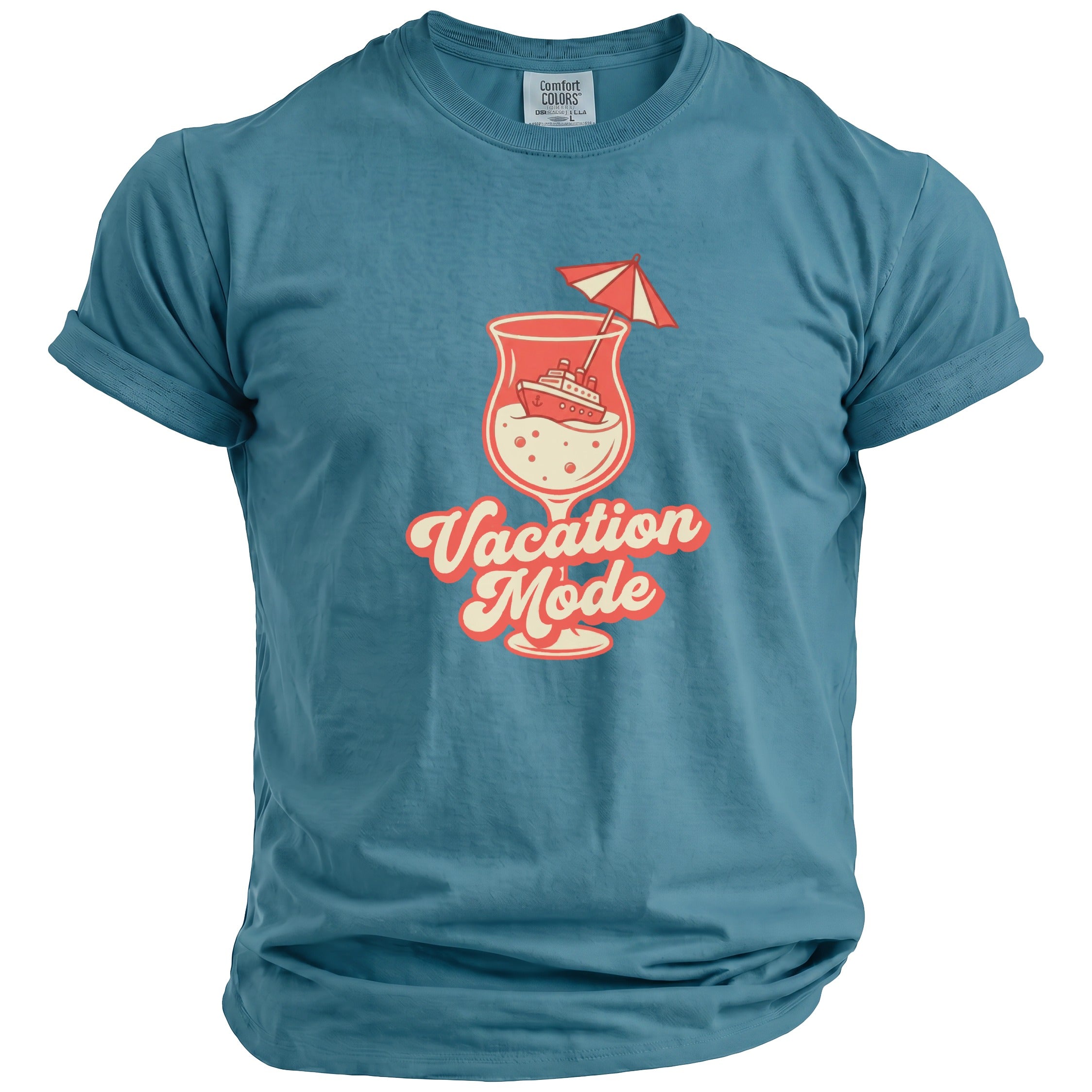 Blue t-shirt with "Vacation Mode" text and a cruise ship in a drink.