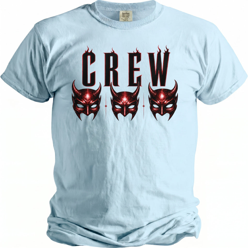 Light blue t-shirt with black "CREW" text and three red devil masks.