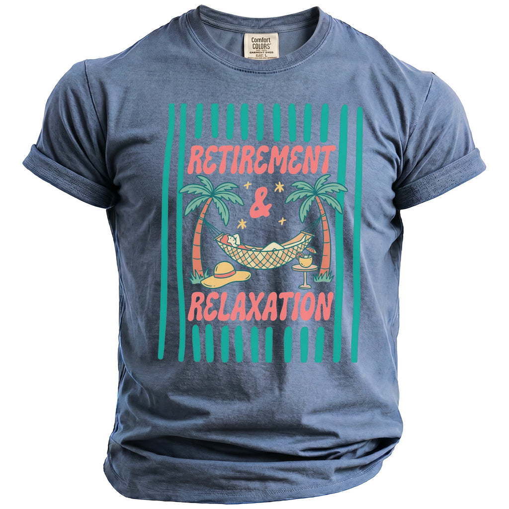 Blue t-shirt with "Retirement & Relaxation" text and a tropical hammock scene.