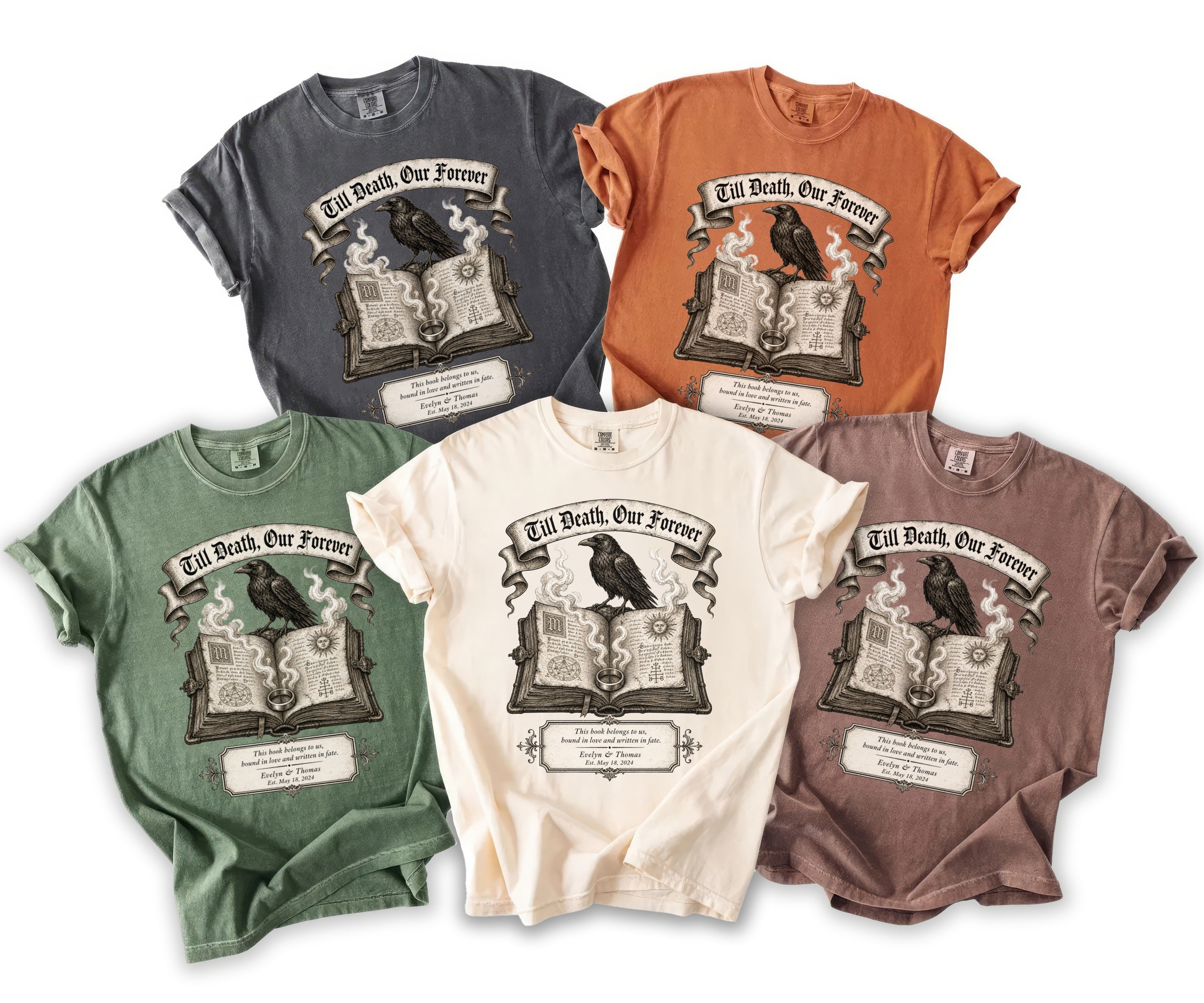 Five t-shirts in different colors featuring a raven on an open book with the text "Till Death, Our Forever."