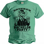 Dragon in a suit holding cards and a drink, with "Bachelor Party" text.