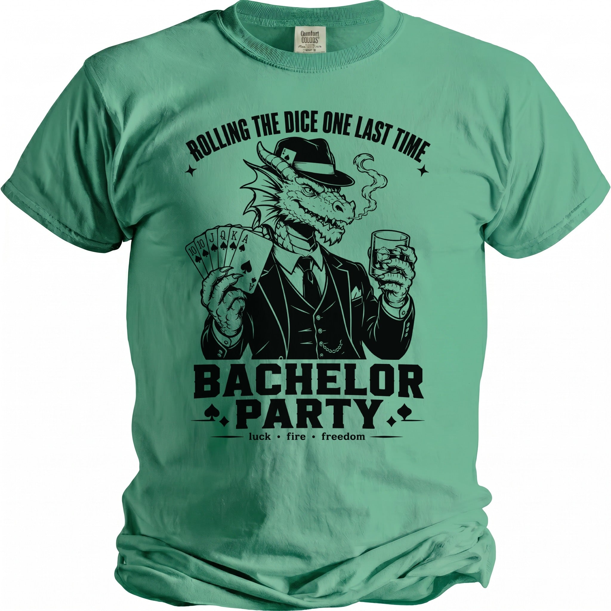 Dragon in a suit holding cards and a drink, with "Bachelor Party" text.