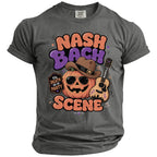 Grey t-shirt with "NASH BAGH SCENE" graphic featuring pumpkin, guitar, and cowboy hat.