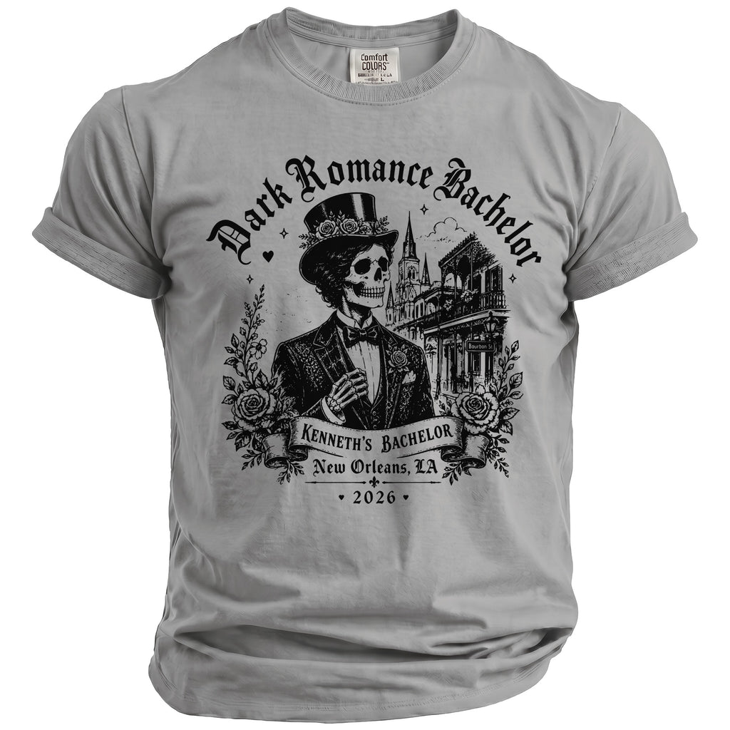 Grey t-shirt with "Dark Romance Bachelor Kenneth's Bachelor New Orleans, LA 2026" graphic.