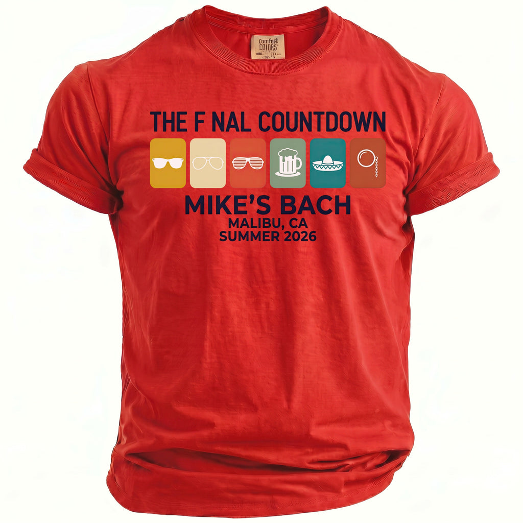 Red t-shirt with "THE FINAL COUNTDOWN MIKE'S BACH MALIBU, CA SUMMER 2026" text.