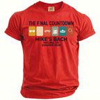Red t-shirt with "THE FINAL COUNTDOWN MIKE'S BACH MALIBU, CA SUMMER 2026" text.