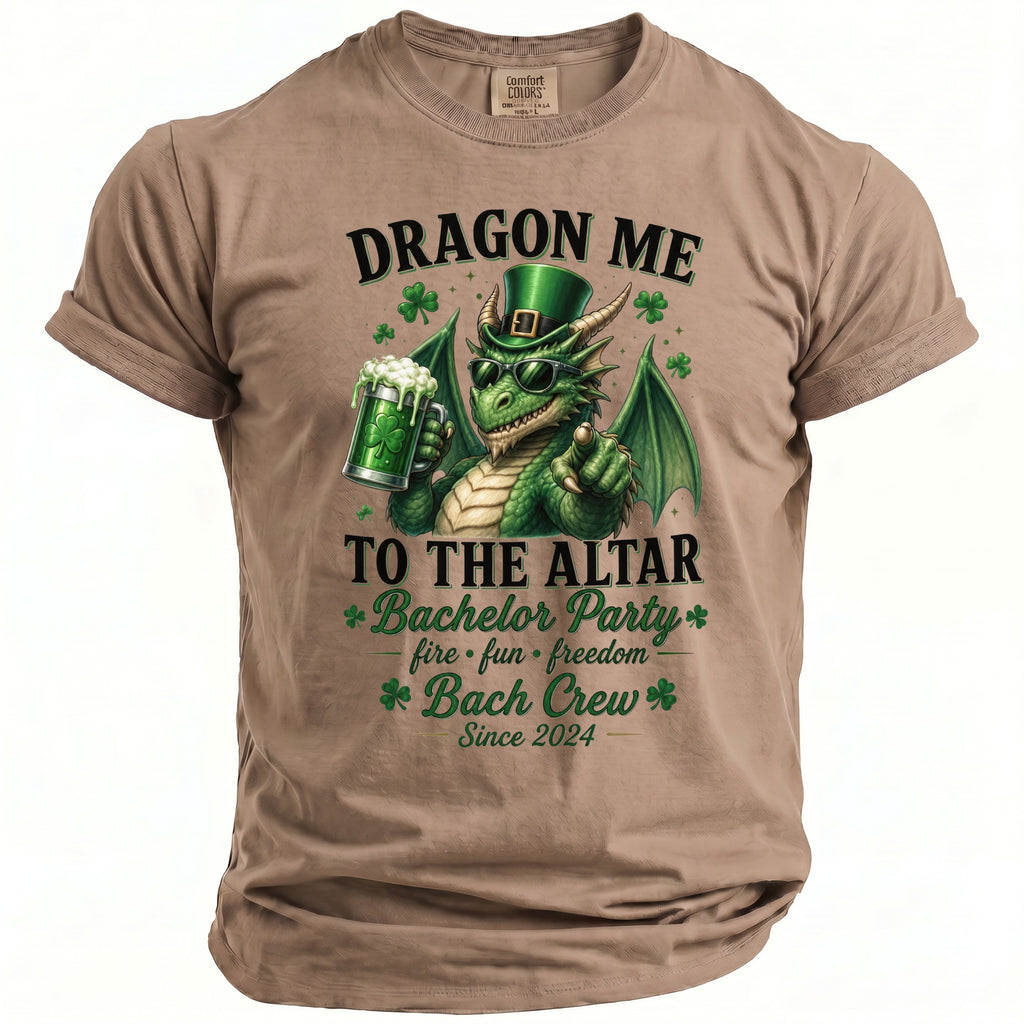 Dragon holding beer, wearing green hat, pointing with text "Dragon Me to the Altar Bachelor Party Since 2024".