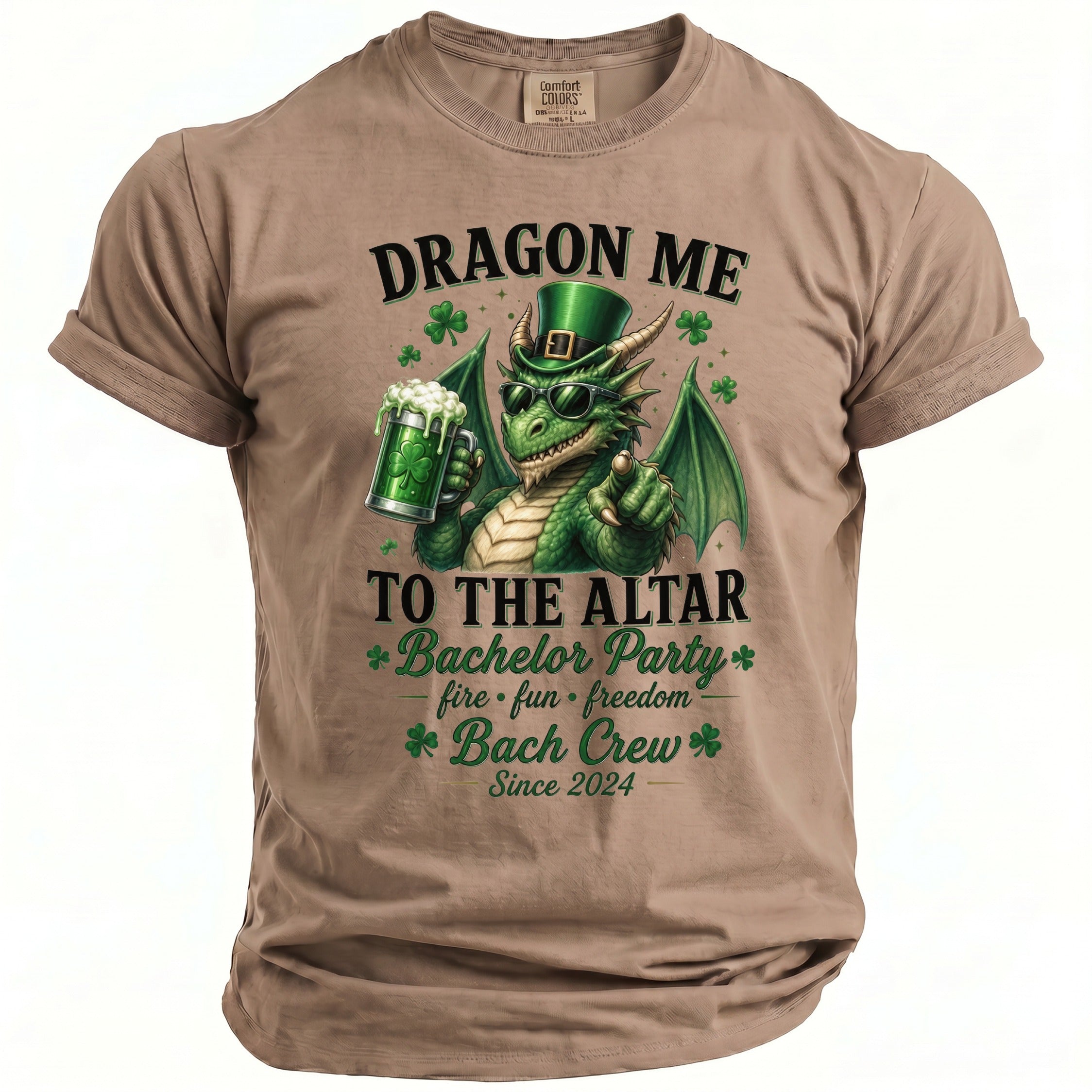 Dragon holding beer, wearing green hat, pointing with text "Dragon Me to the Altar Bachelor Party Since 2024".