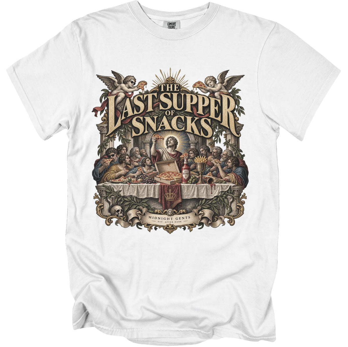 White t-shirt with "The Last Supper of Snacks" graphic and "Midnight Gents" logo.