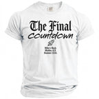 White t-shirt with black text "The Final Countdown" and rocket graphic.