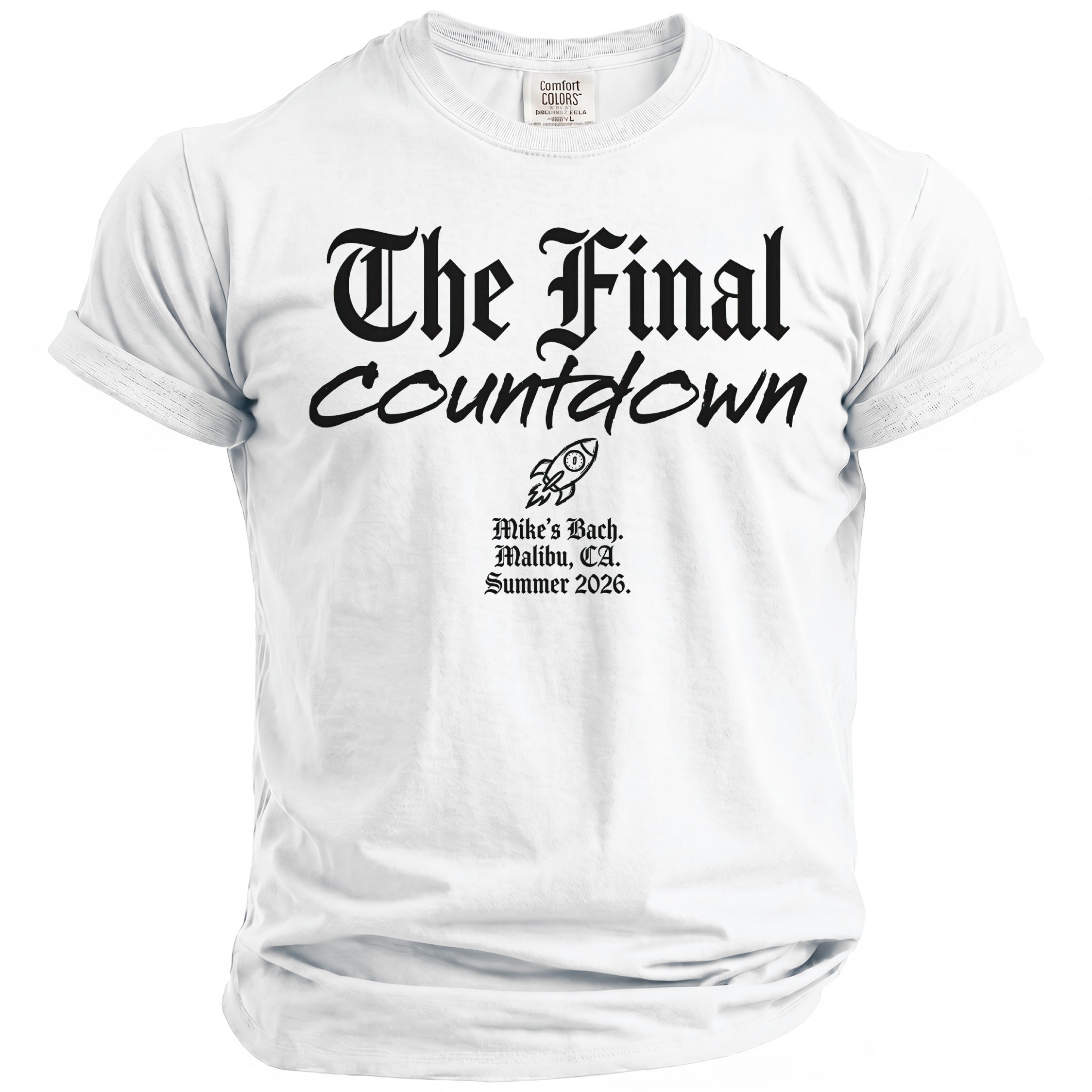 White t-shirt with black text "The Final Countdown" and rocket graphic.