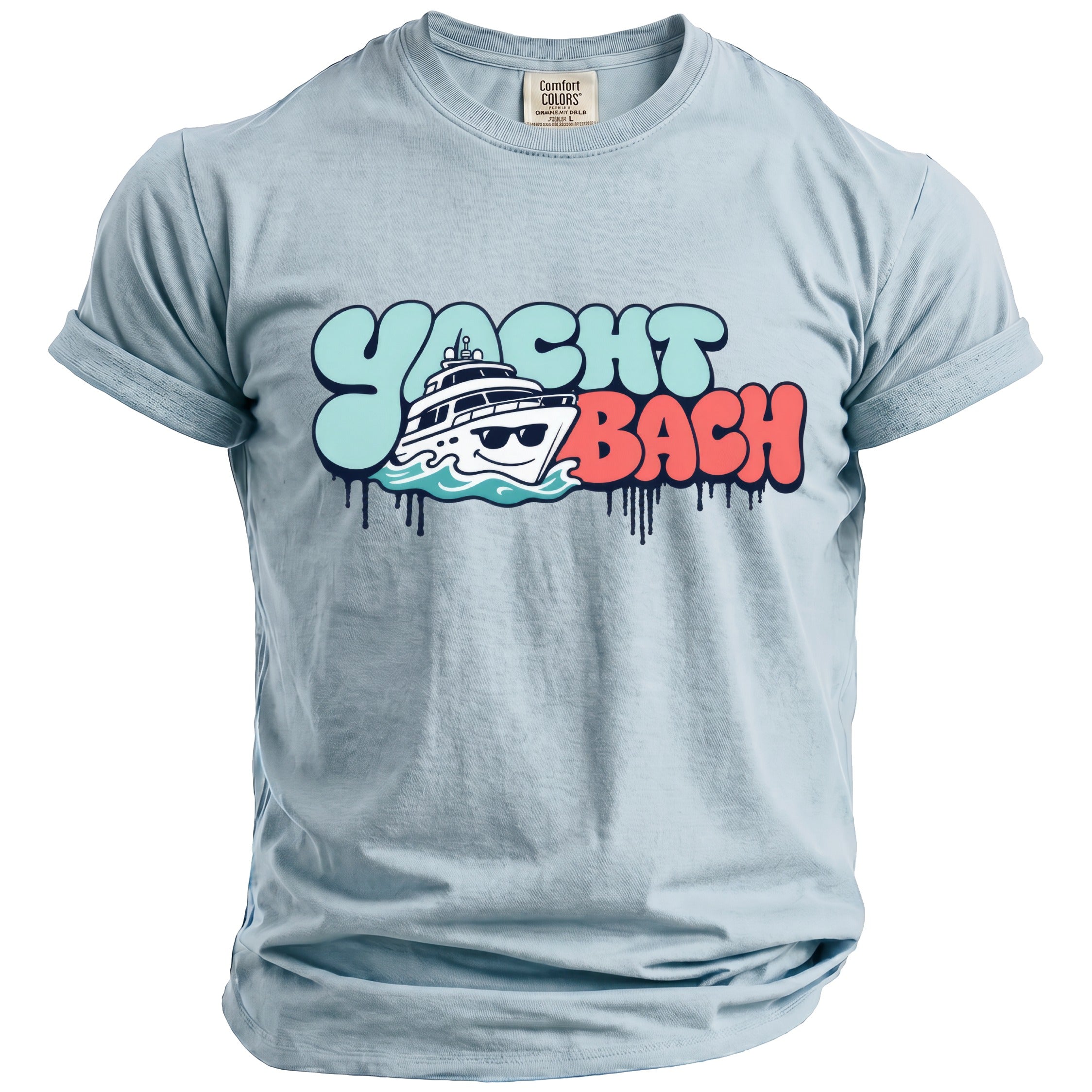 Light blue t-shirt with "YACHT BACH" text featuring a boat graphic.