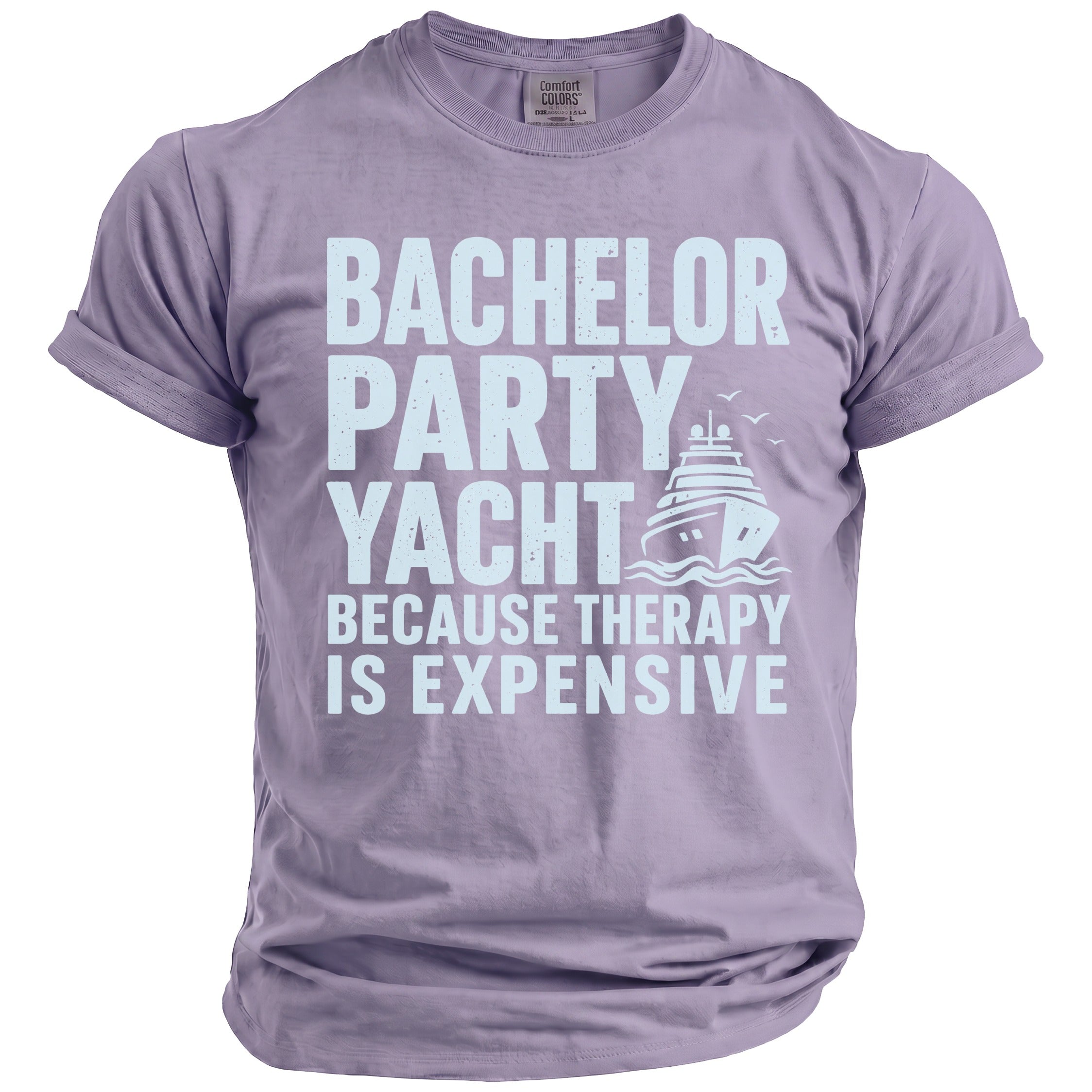 Purple t-shirt with text "Bachelor Party Yacht Because Therapy Is Expensive" and a yacht graphic.