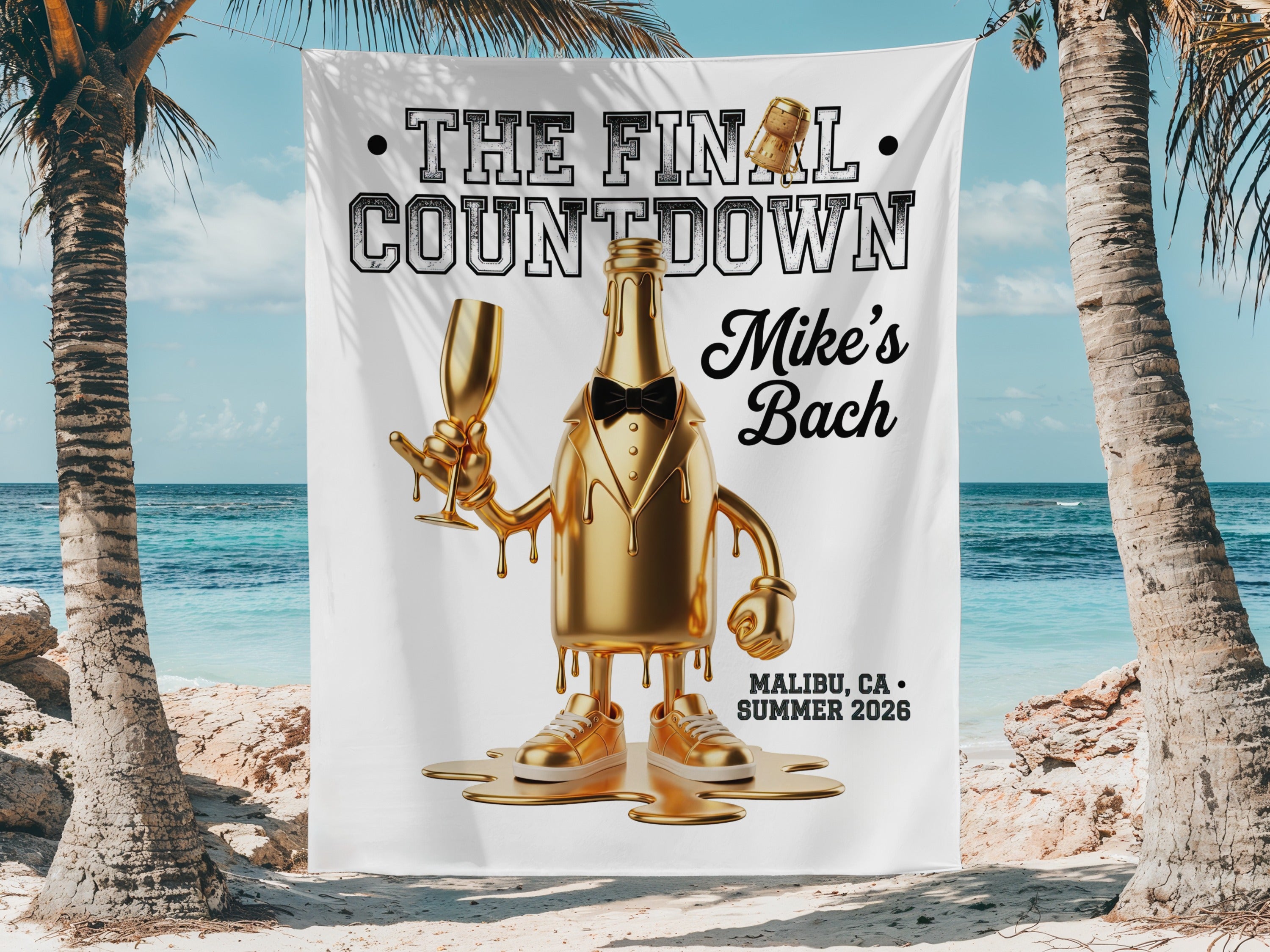 "The Final Countdown" banner with a gold animated champagne bottle holding a glass at a beach.