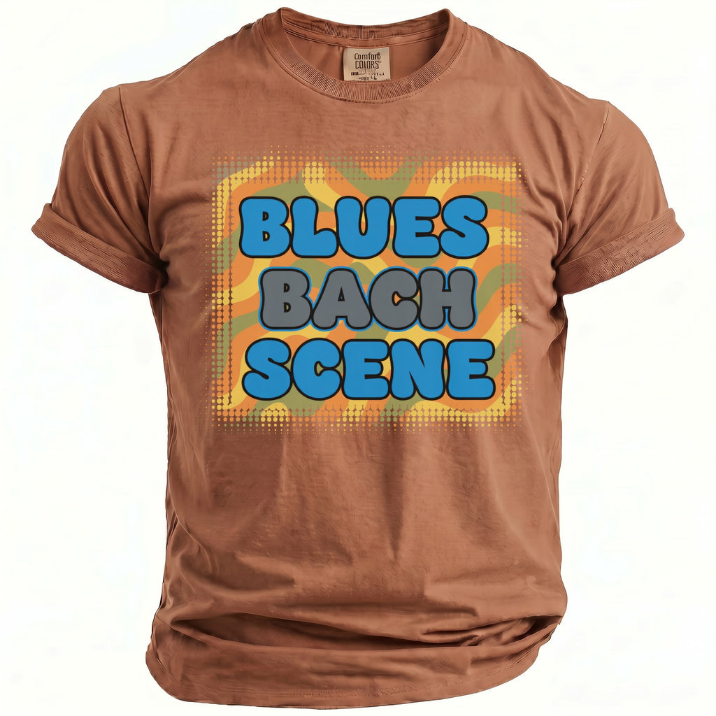 Brown Comfort Colors t-shirt with "BLUES BACH SCENE" text and psychedelic background.