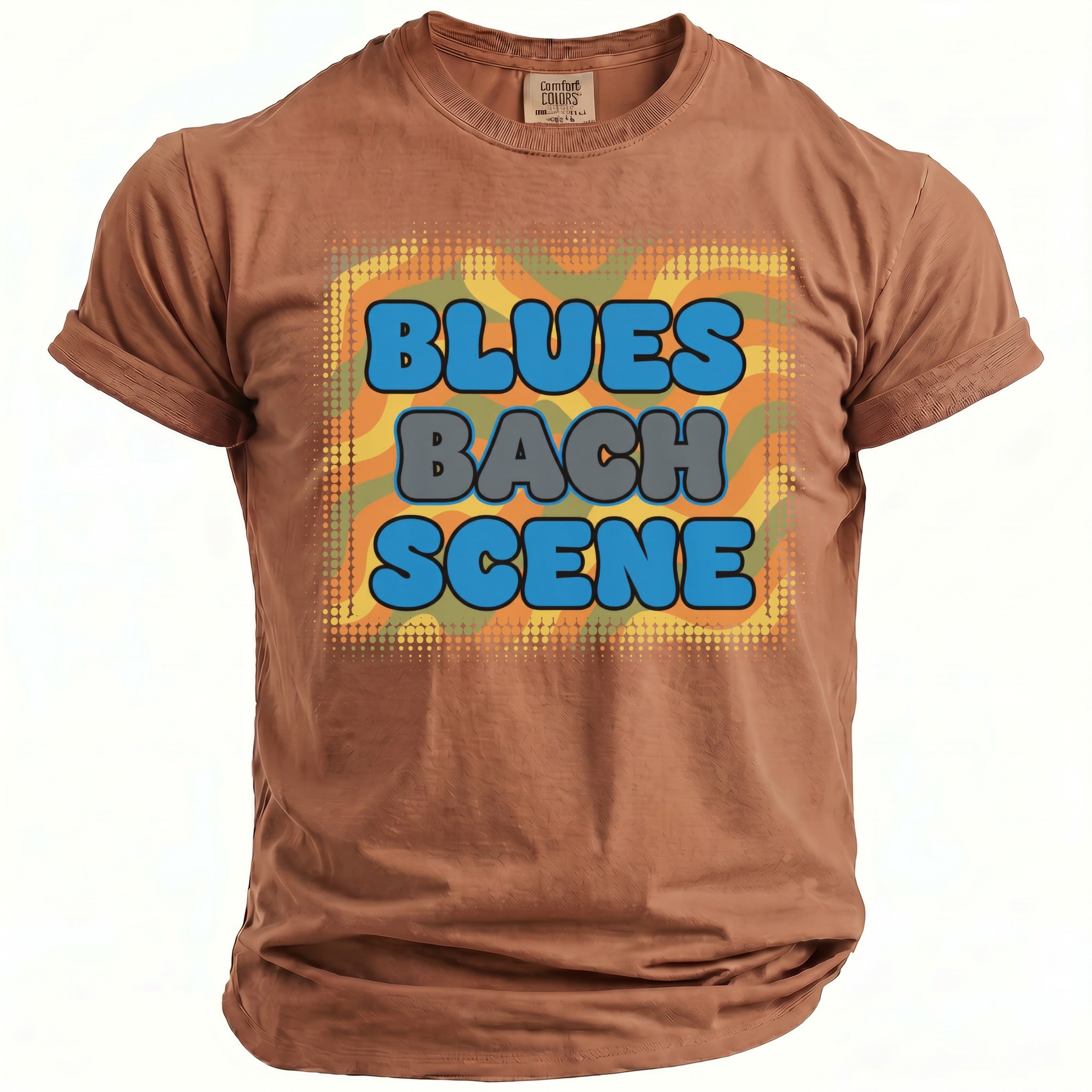 Brown Comfort Colors t-shirt with "BLUES BACH SCENE" text and psychedelic background.