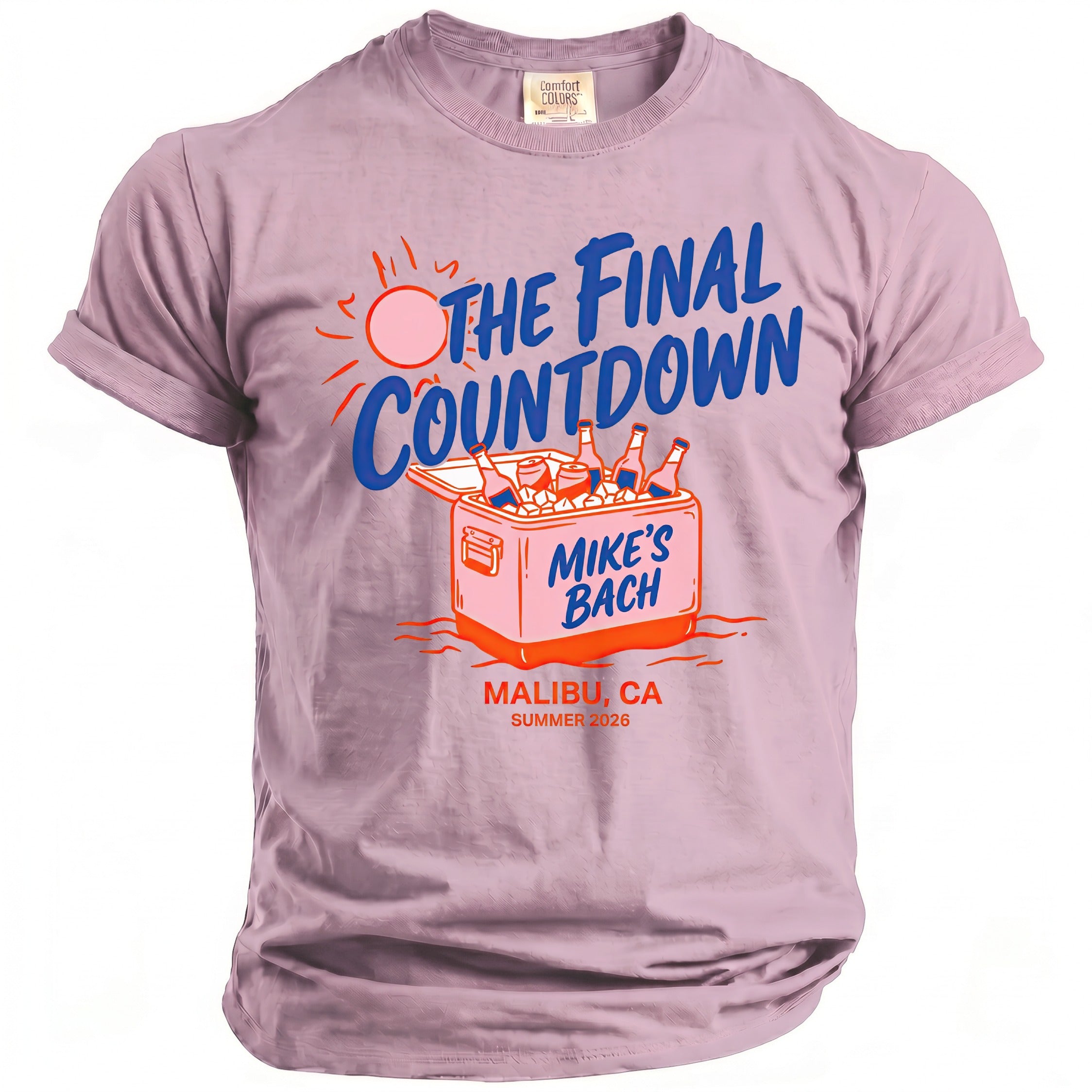 T-shirt with "The Final Countdown" graphic, cooler, and text "Mike's Bach".