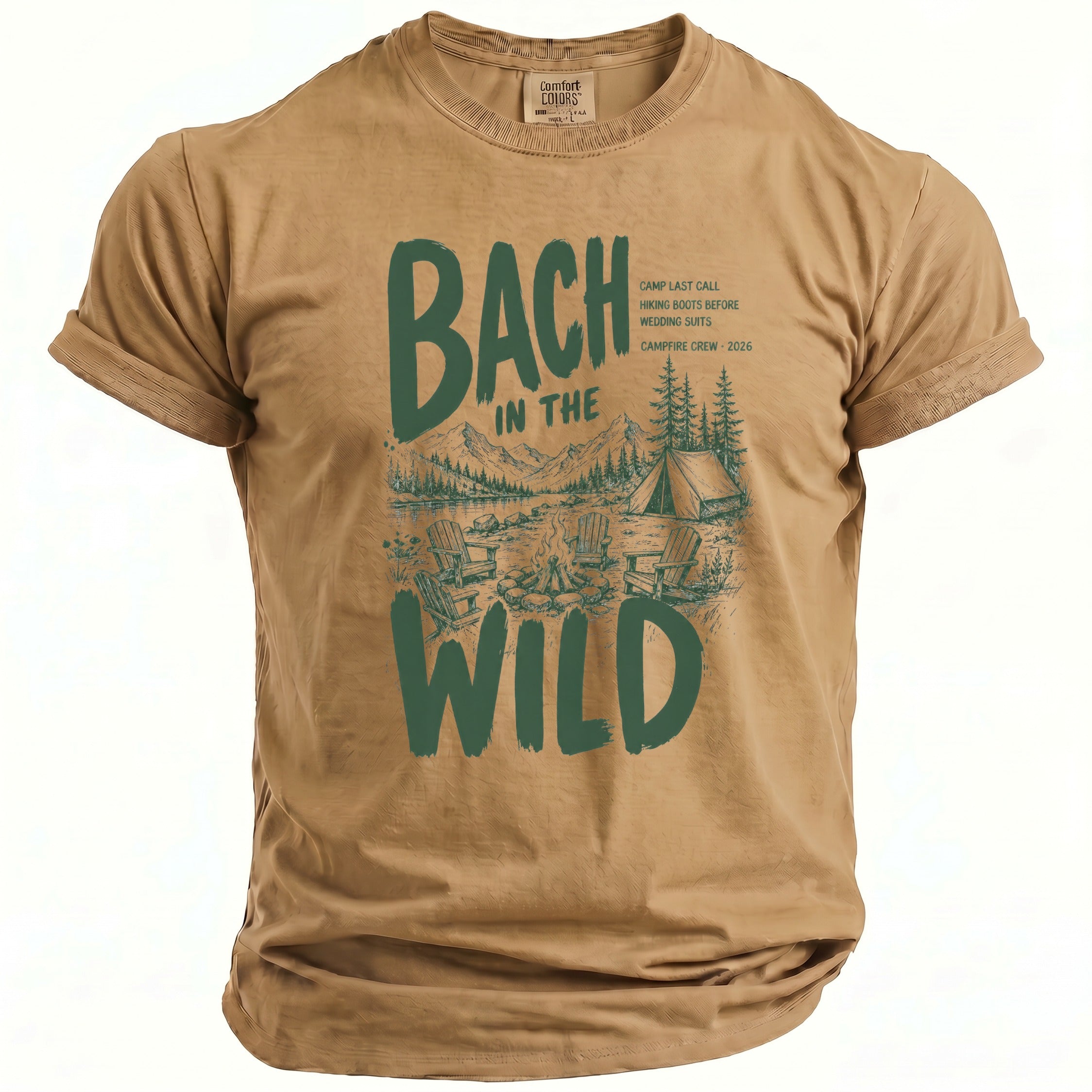 Tan t-shirt with green text and nature graphic: "BACH IN THE WILD"