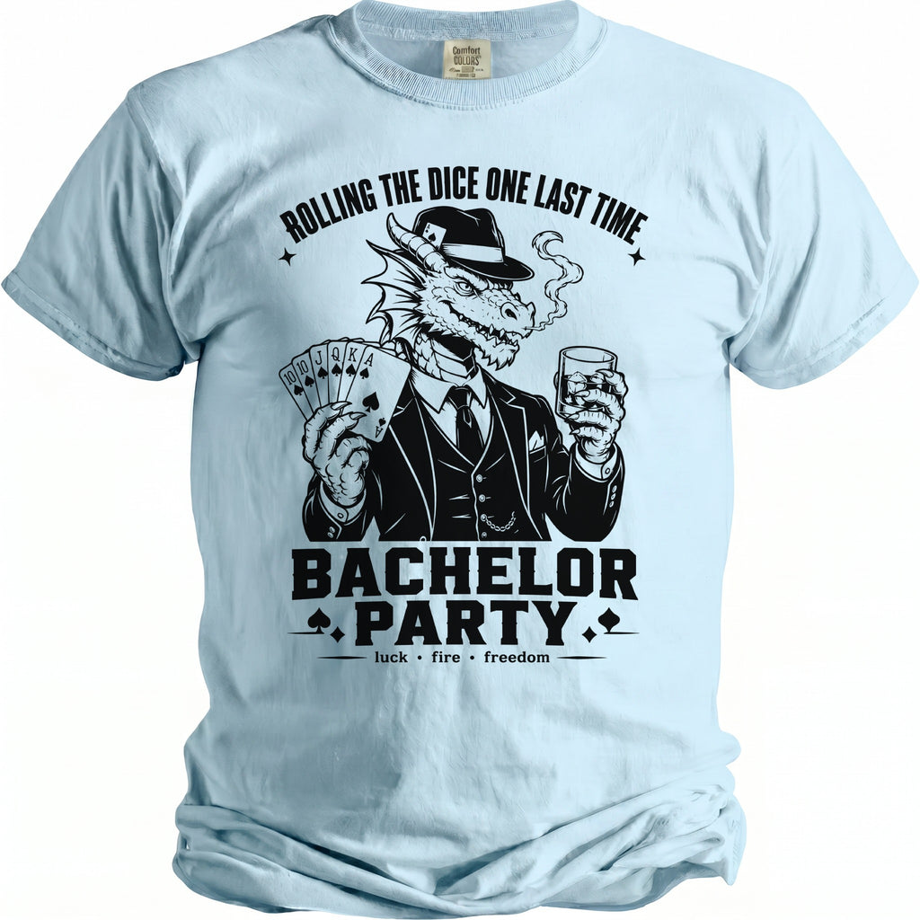 Dragon wearing a suit and hat, smoking, holding cards and a drink, with text "BACHELOR PARTY".