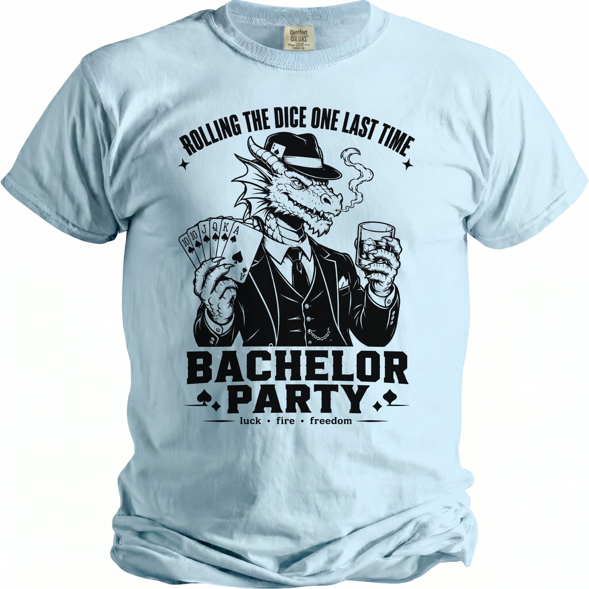 Dragon wearing a suit and hat, smoking, holding cards and a drink, with text "BACHELOR PARTY".