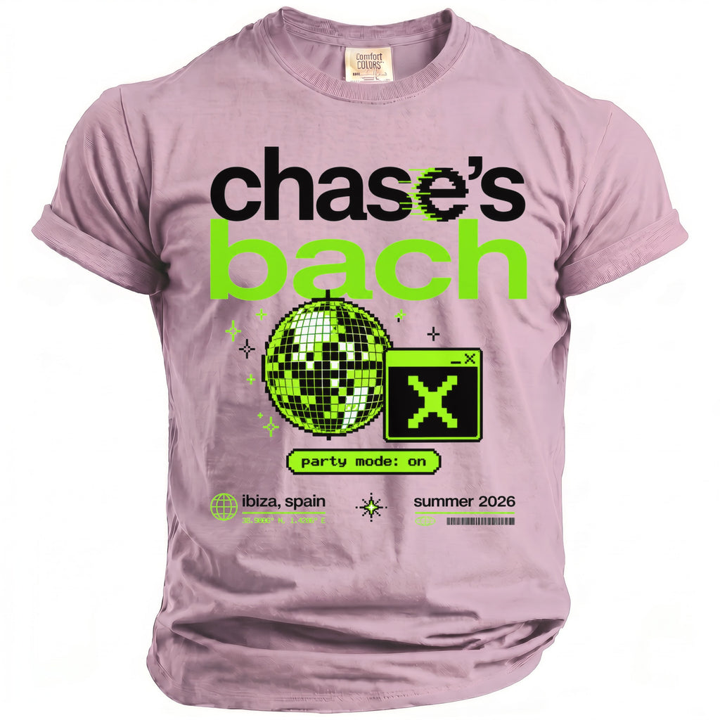 Shirt with black text "chase's" and neon green "bach" over disco ball and pixelated X.