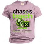 Shirt with black text "chase's" and neon green "bach" over disco ball and pixelated X.