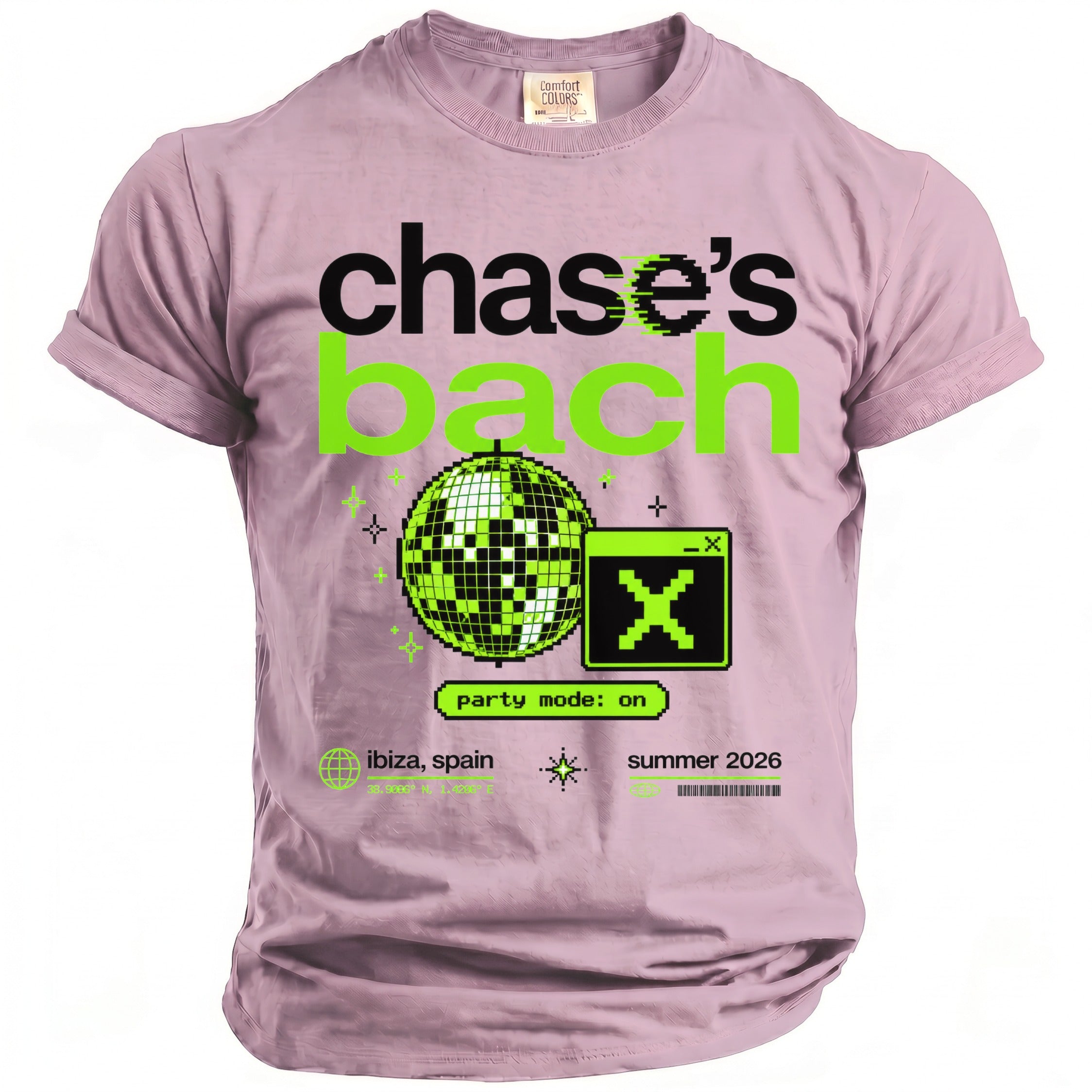 Shirt with black text "chase's" and neon green "bach" over disco ball and pixelated X.