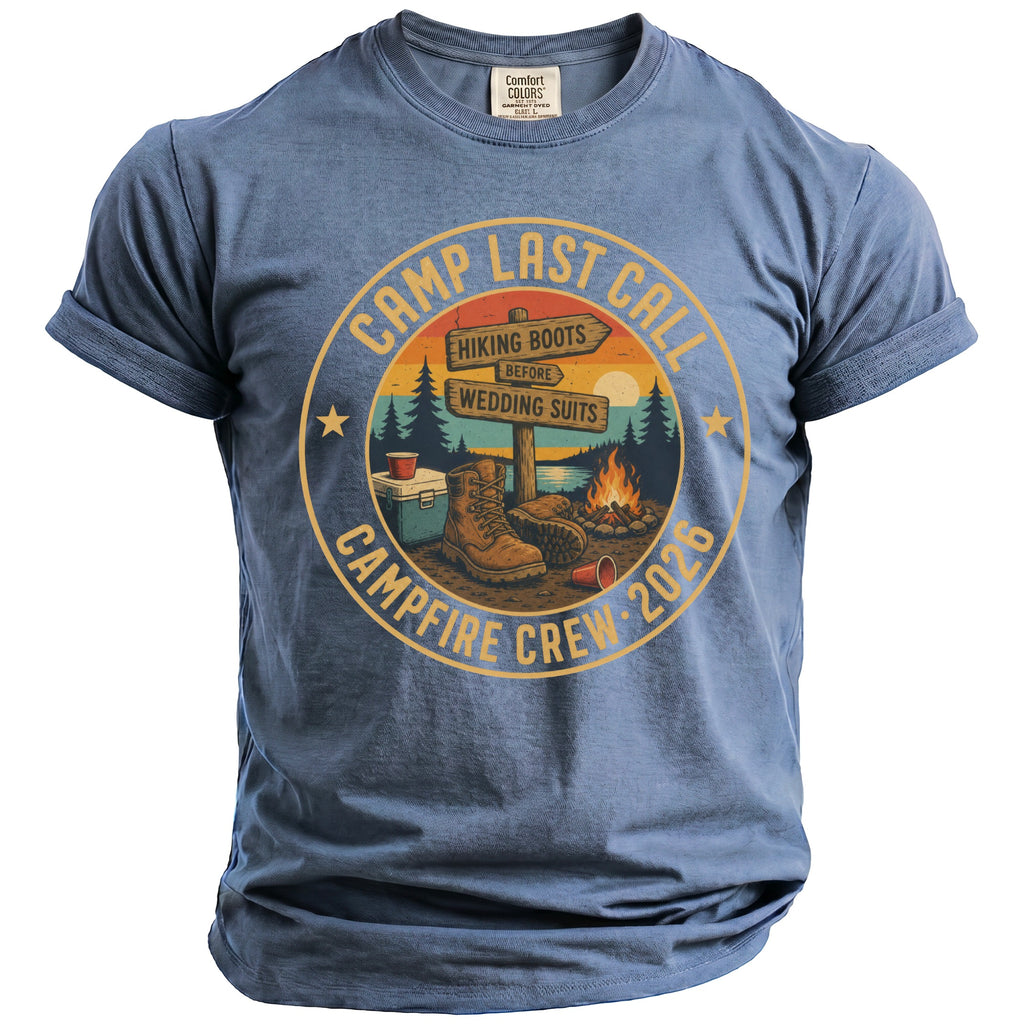 Blue t-shirt with "Camp Last Call Campfire Crew 2026" graphic.